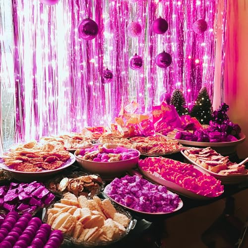 Image of PartyWoo Hot Pink Foil Fringe Curtain Red Rose Streamers 3pcs 8.2ft Magenta Tinsel Backdrop Dark Pink Curtains for Birthday Barbie Theme Galentines Bachelorette Tequila Sunrise Party Decorations