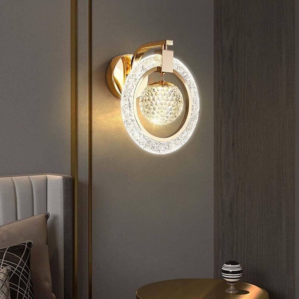 AoLa 12W LED Wandleuchte Rund Innen Gold Wandlampe mit Kugel Acryl Lampenschirm 2 flammige Wandbeleuchtung 3 Farbtemperaturen 3000K/4000K/6000K Nachttischlampe für Schlafzimmer Wohnzimmer Flur