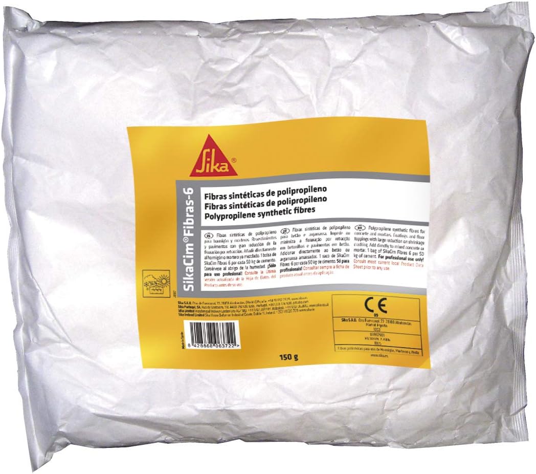 SikaCim Fibra 6, Fibra de polipropileno de 6 mm para hormigones y morteros, Reduce la fisuración de revoco de fachada, losas de hormigón y elementos prefabricados, 150g, Blanco