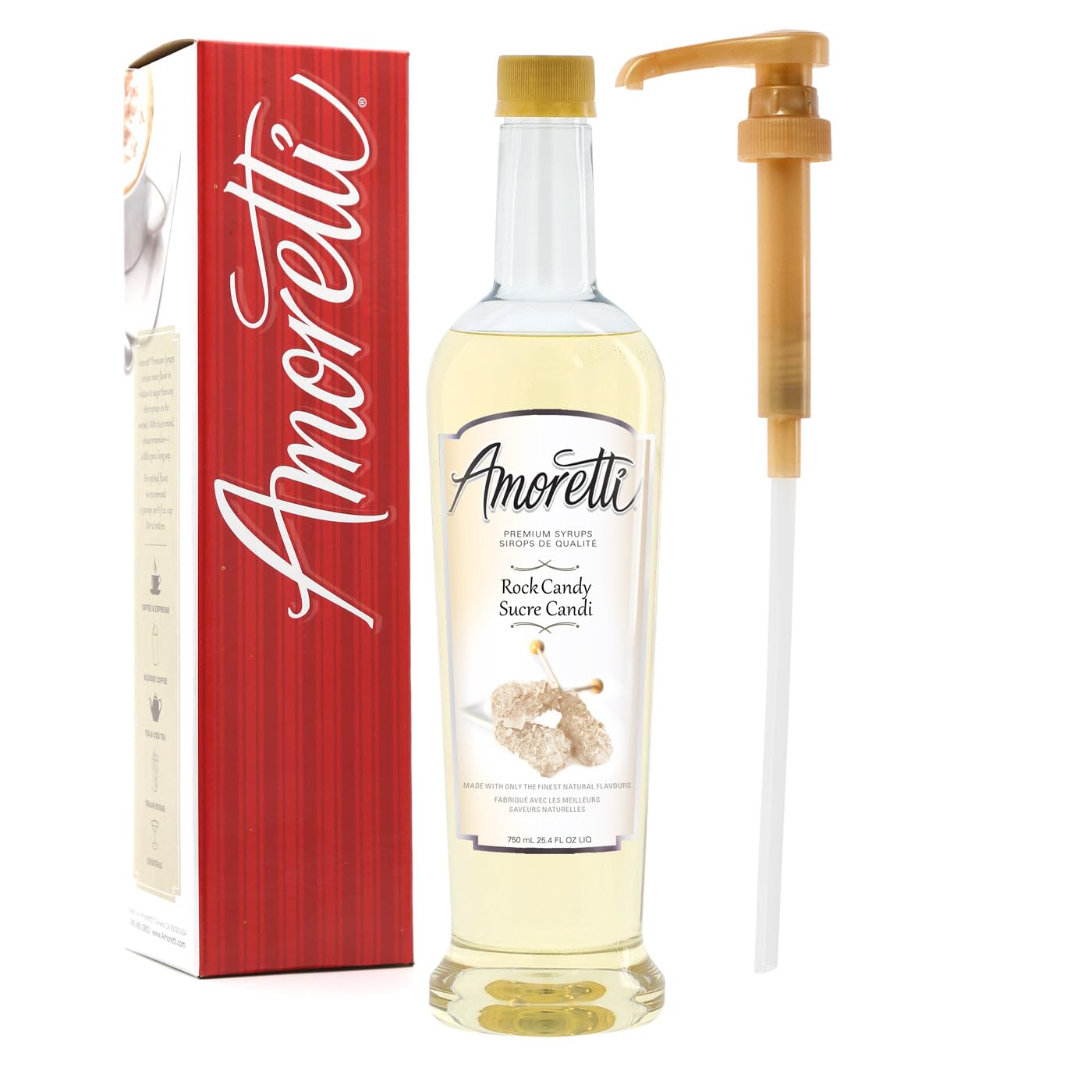 Amoretti - Premium Rock Candy Syrup, 94 Servings Per Bottle (750 ml), with Pump for Flavoring Coffees, Cocktails, and other Beverages, Gluten Free, GMO/GEO Free, Preservative Free