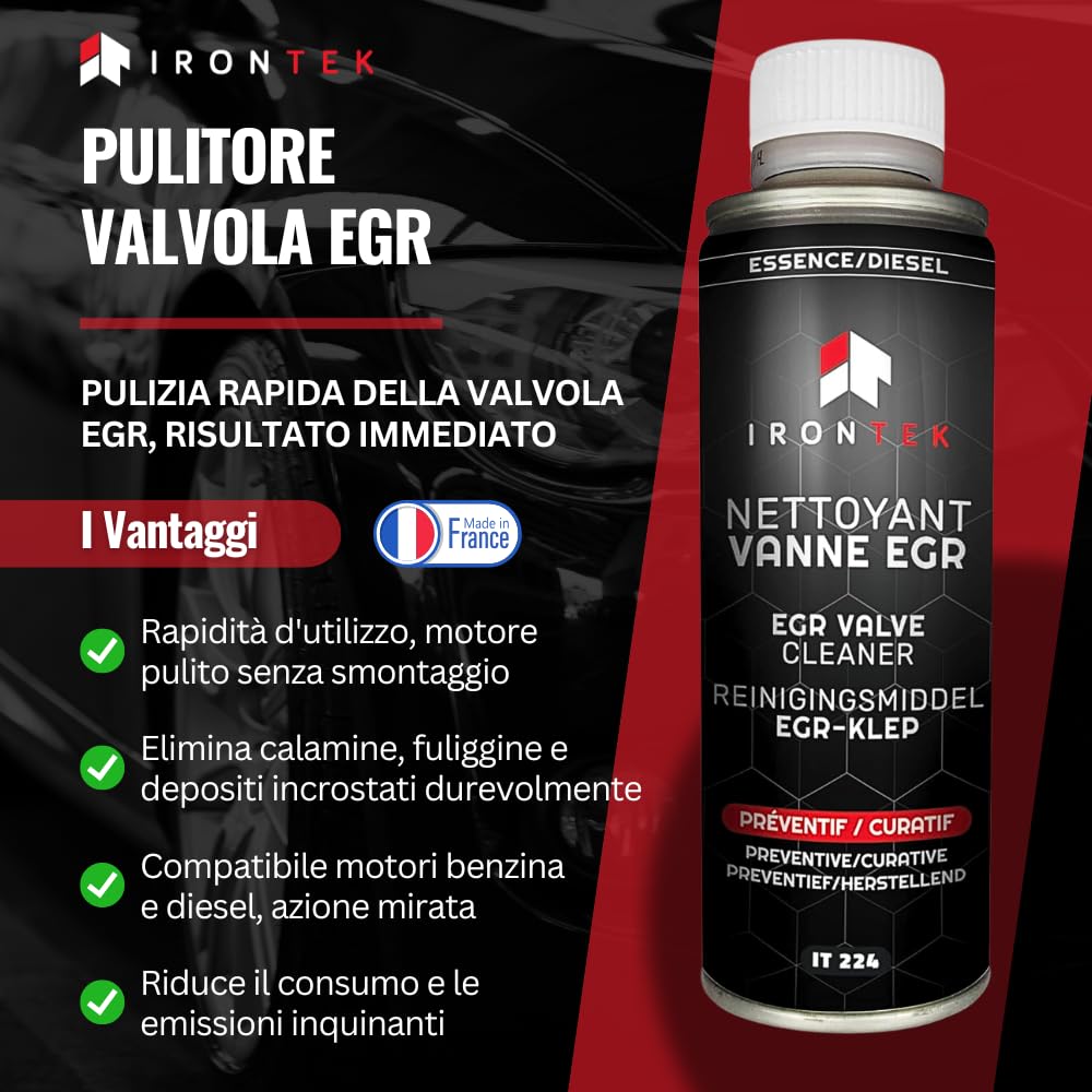 IRONTEK Pulitore Valvola EGR Diesel e Benzina 300ml | IT224 | Senza Smontaggio | Elimina Calamine e Depositi | Uso Preventivo e Curativo