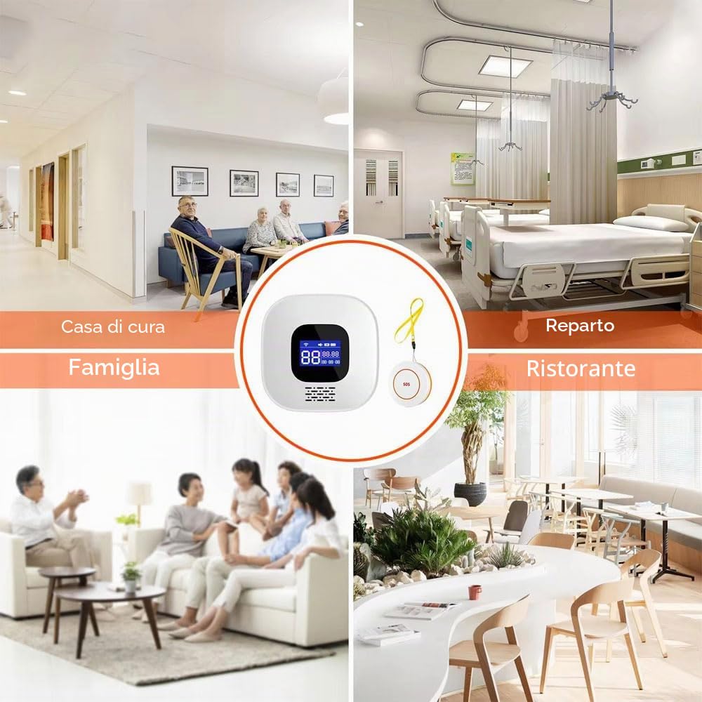 VOCA Smart WiFi Wireless SOS Pager, Pulsante di chiamata e Orologio – Pulsante di panico e Allarme di emergenza per anziani, pazienti e disabili | WiFi 2.4G | Include ricevitore, pulsante di chiamata