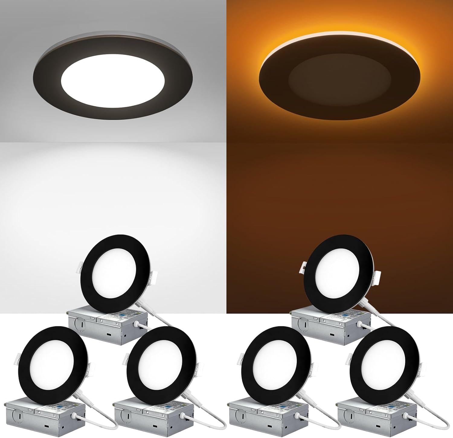 ZYC Canless LED Recessed Lighting 4 Inch 6 Pack 5CCT Ultra-Thin Downlight Lights with Night Light Mode,9W 800LM Dimmable Retrofit Wafer Recessed Ceiling Light,1800K to 6000K