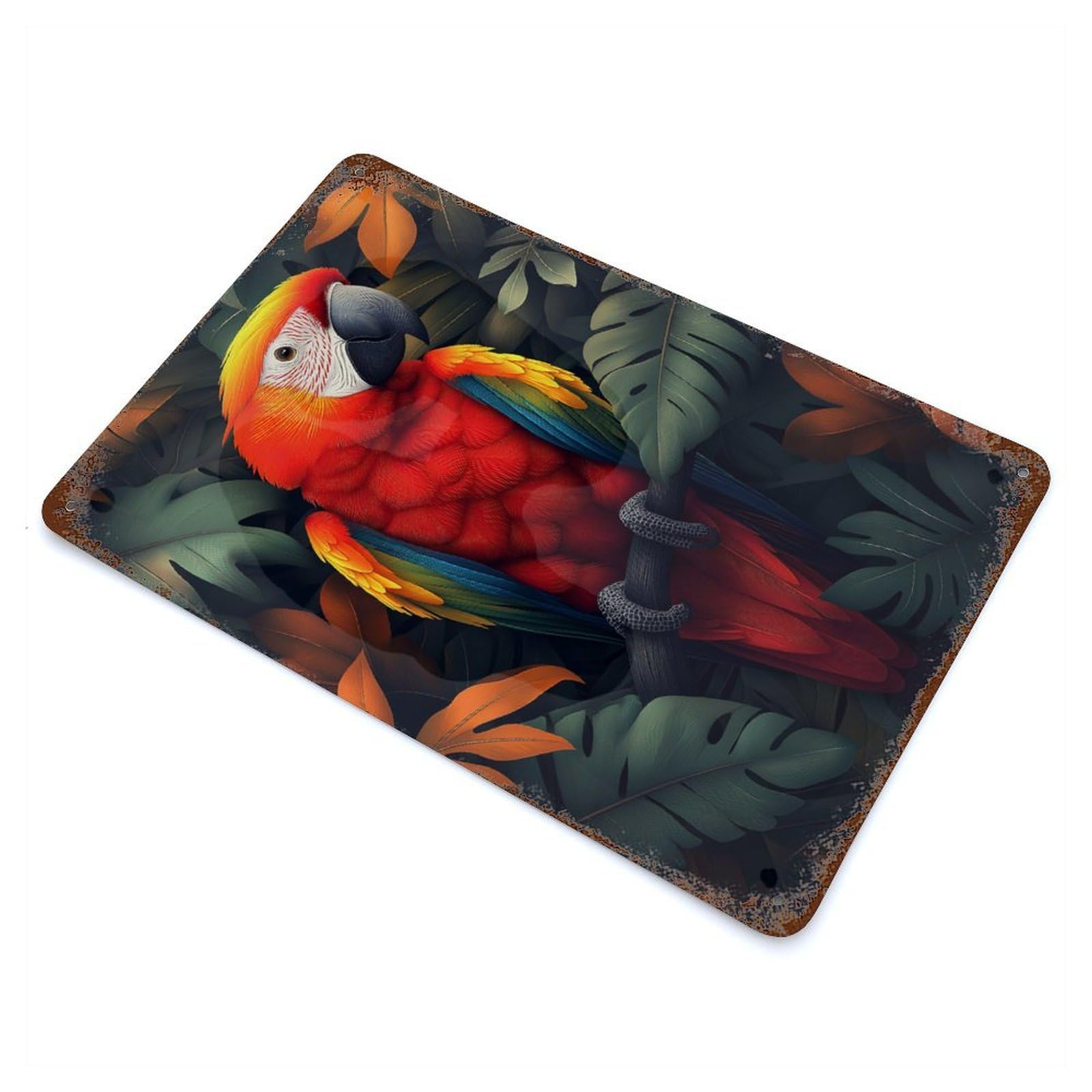 Distressed Metal Wall Sign Colorful Parrot in Tropical Foliage 11.8"x7.9", Decorative Metal Wall Art for Farmhouse, Kitchen And Entryway Decor