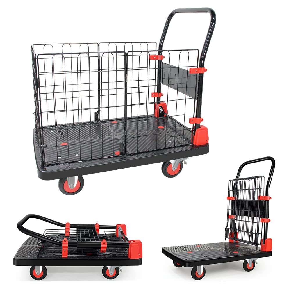 Jumei カゴ台車 運搬車 ストッパー付き 折りたたみ式 積載面72×48cm 手押し台車 メッシュ台車 カゴ付き台車 耐荷重200kg  簡単組み立て 家庭用 引越し 買い物 持ち運び便利 業務用 倉庫 工場 店舗 会社 ゴミ出し(200kg)