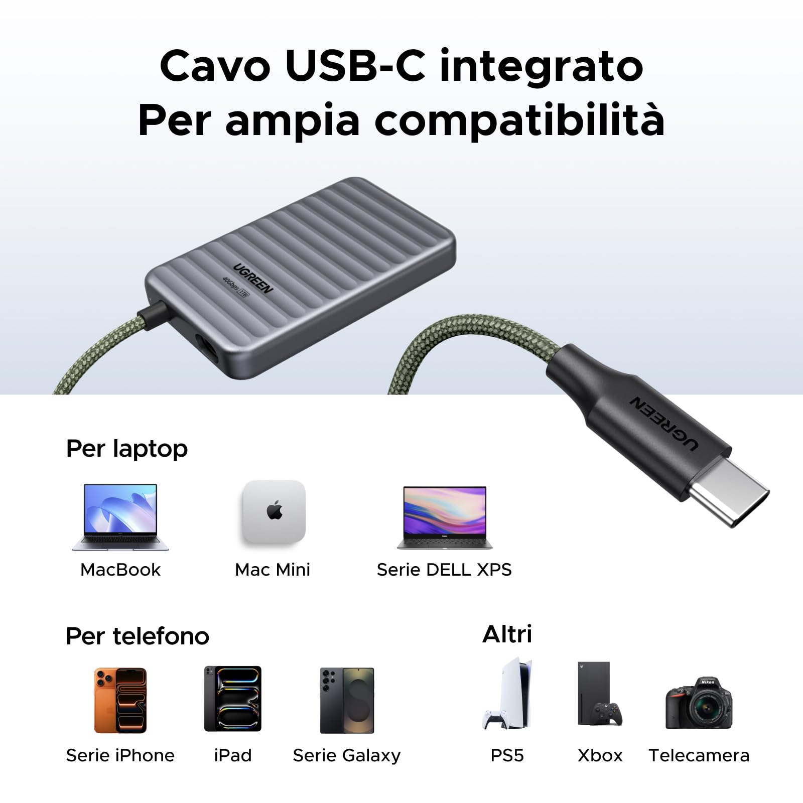 UGREEN NeoDrive Go SSD Portatile 1TB Fino a 4.000 MB/s SSD Esterno USB4 | con Cavo Integrato Compatibile con PC Windows MacOS Linux e Dispositivi Mobili iOS iPadOS Android