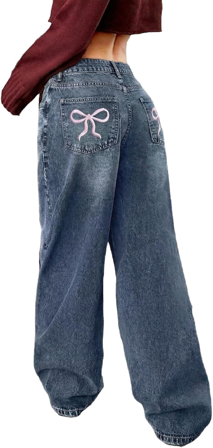 MakeMeChic Girl's Jeans Baggy Wide Straight Leg High Elastic Waisted Denim Pants Y2k Kid 6-14Y
