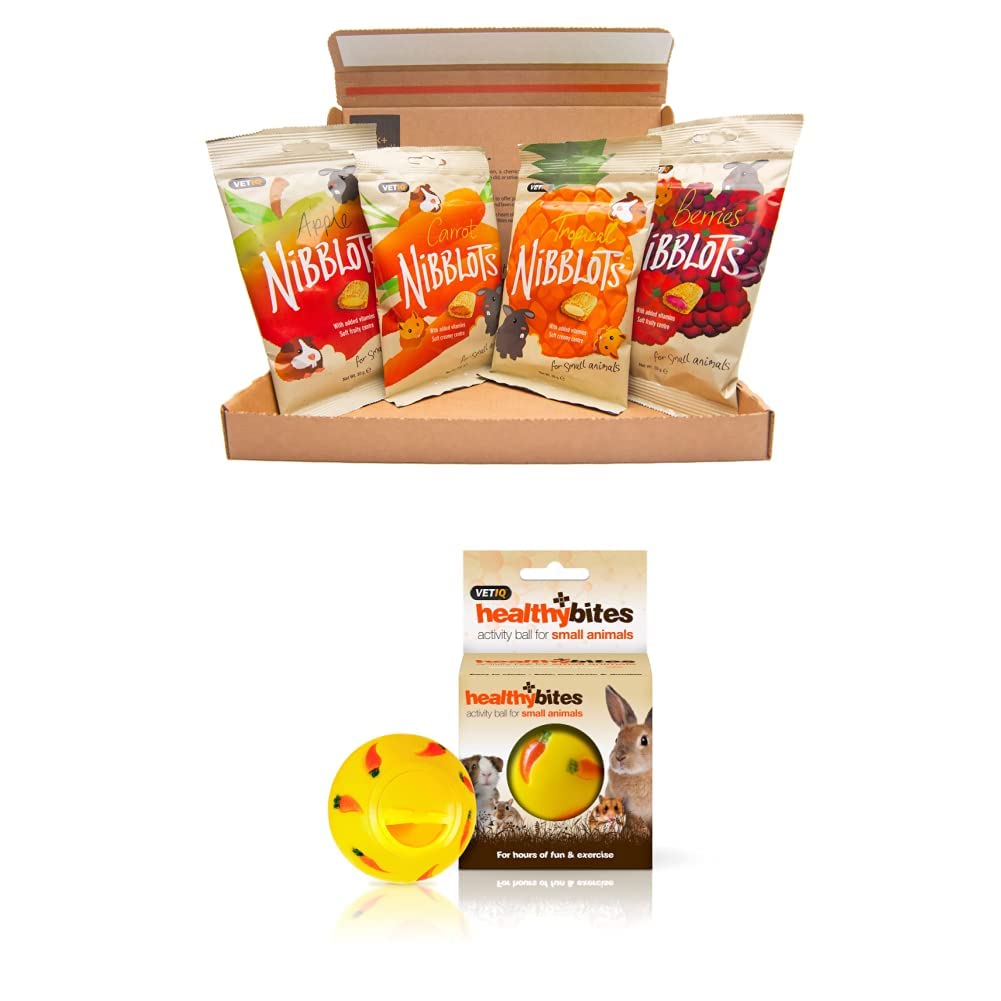 Nibblot Variety Pack 4x30g pack & VETIQ Activity Ball for Rabbits, Guinea Pigs And Other Small Animals