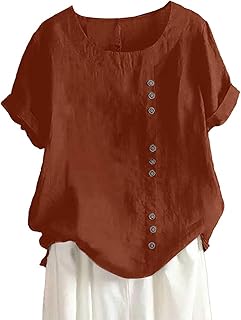 Camisas de lino y algodón de estilo retro étnico y elegante, para mujer, para verano, informal, bohemio, de manga corta, holgada, con botones, irregulares, para mujer