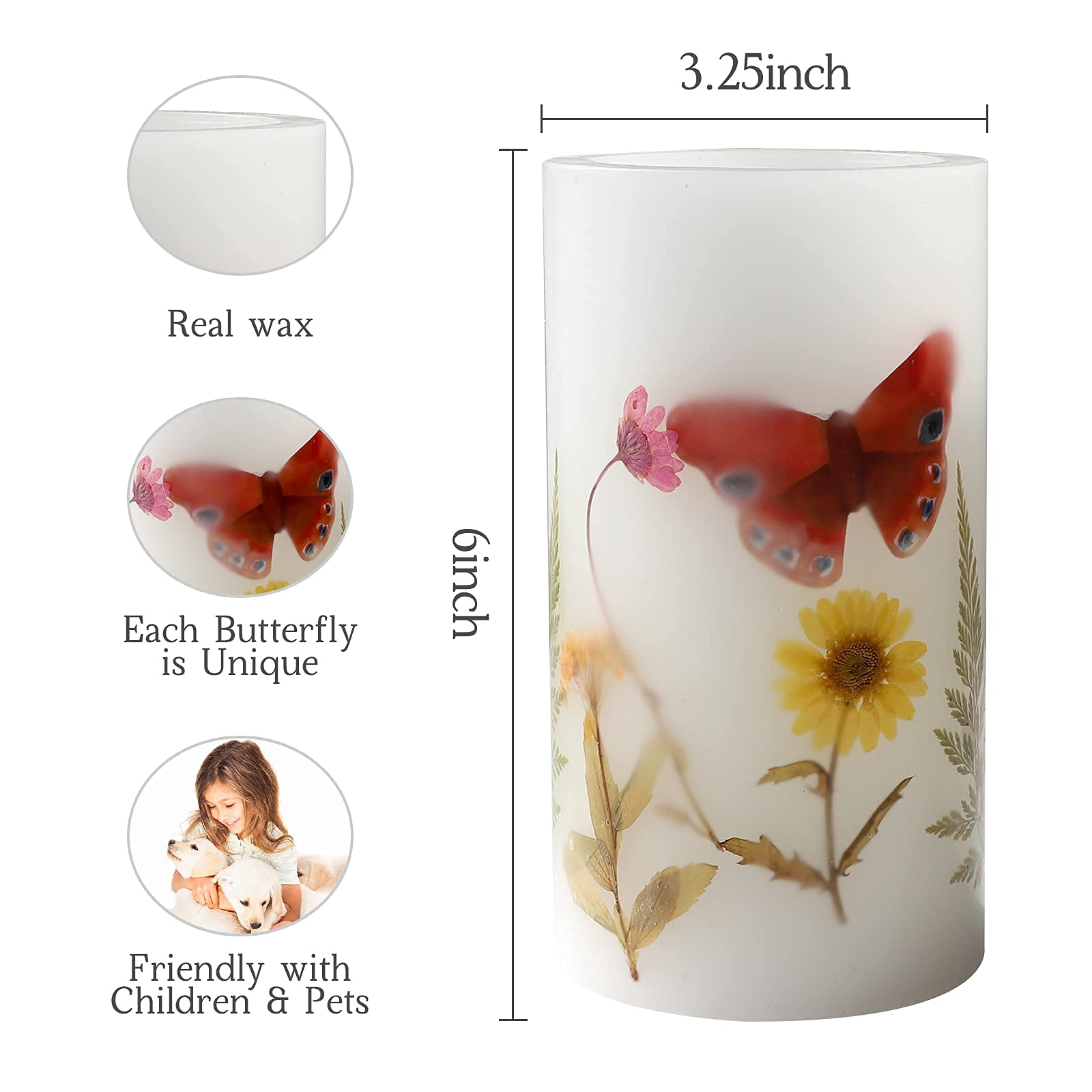 Vela LED parpadeante de 3.25 x 6 pulgadas de alto, pilar de cera real con pilas de mariposa con función de temporizador 3