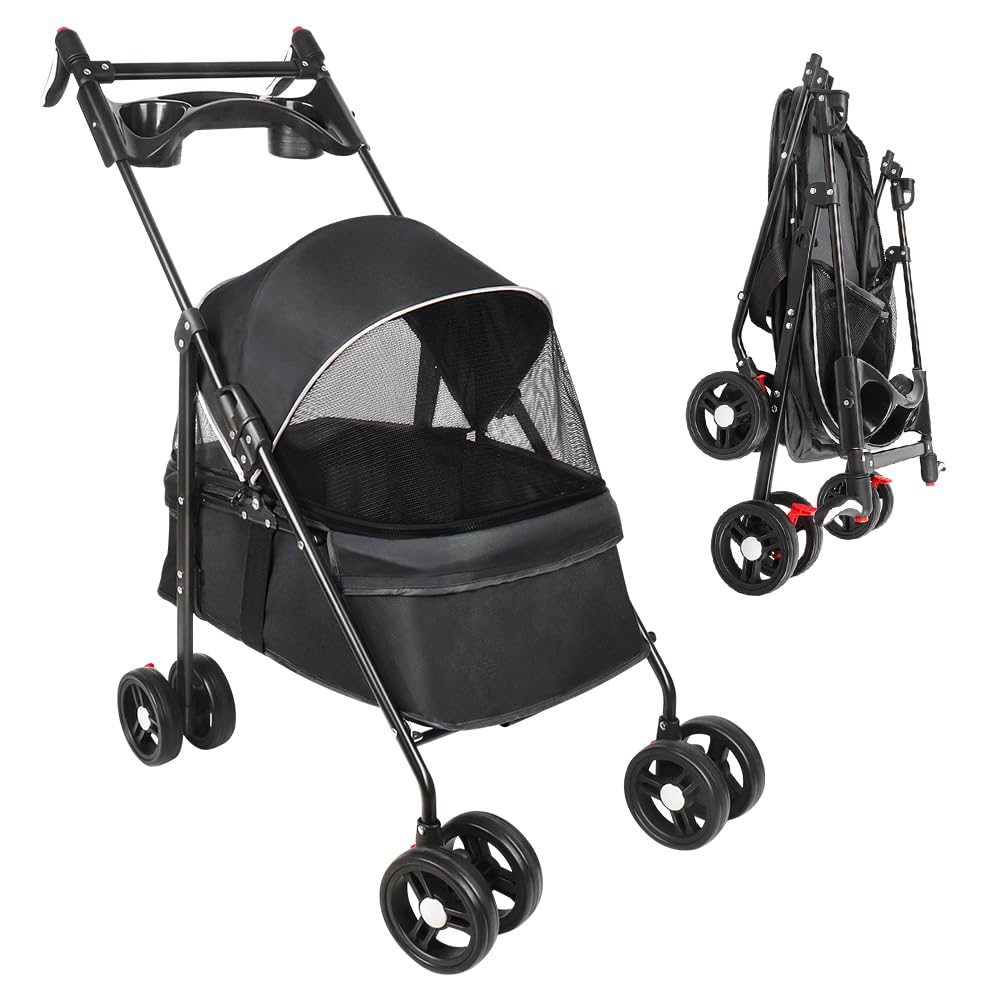 Cochecito para perro de 4 ruedas con tirantes, cochecito para mascotas de tamaño pequeño y mediano, carrito de viaje plegable para mascotas, 50 x 70 x 95 cm, color negro