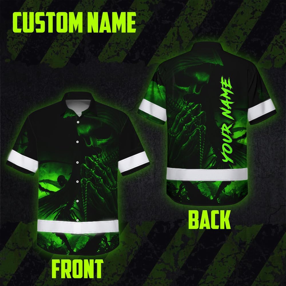 Hi Vis Hawaiian Skull Safety Shirt, Custom Name High Visibility Short Sleeve Button Down Shirt for Workers, Truckers