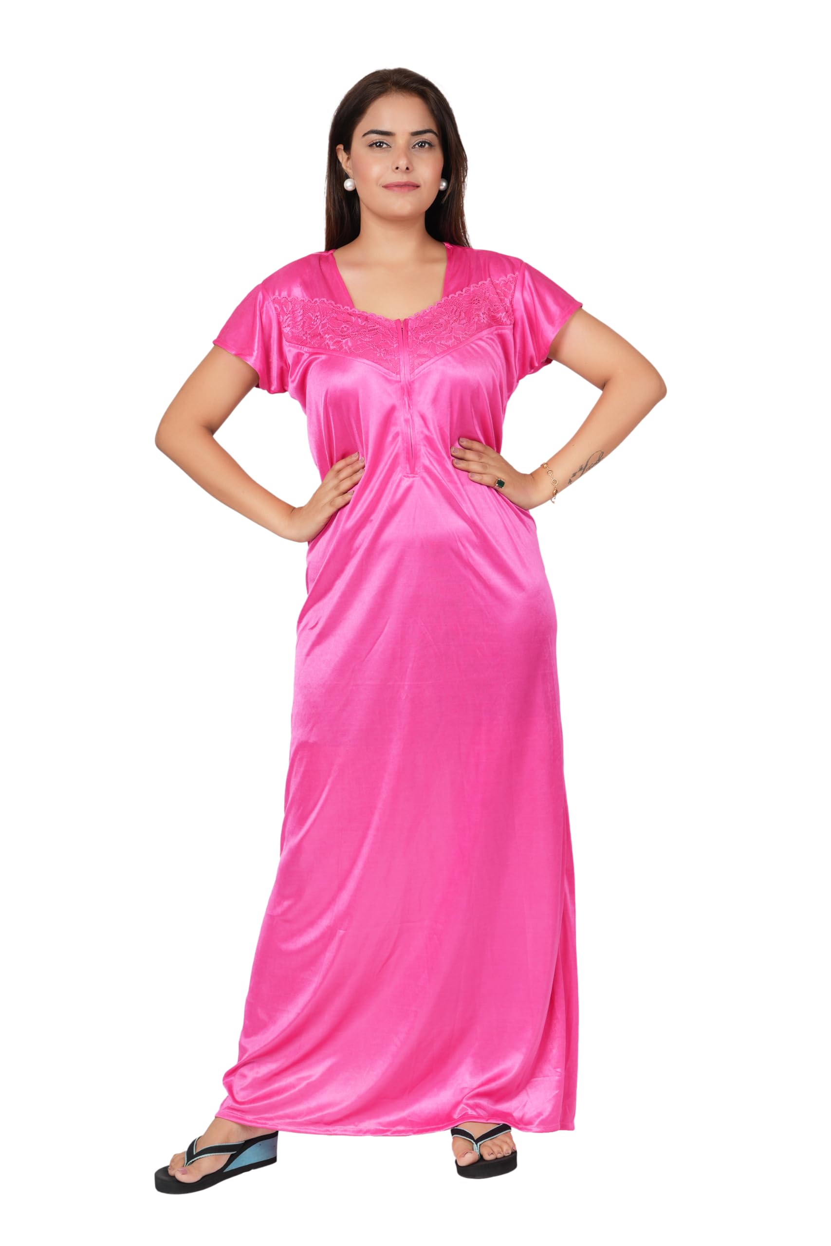 JECCE Fashion Premium Satin Half Sleeve Nighty/Nightgown/Maxi/Nightdress/Sleepwear for Women & Ladies
