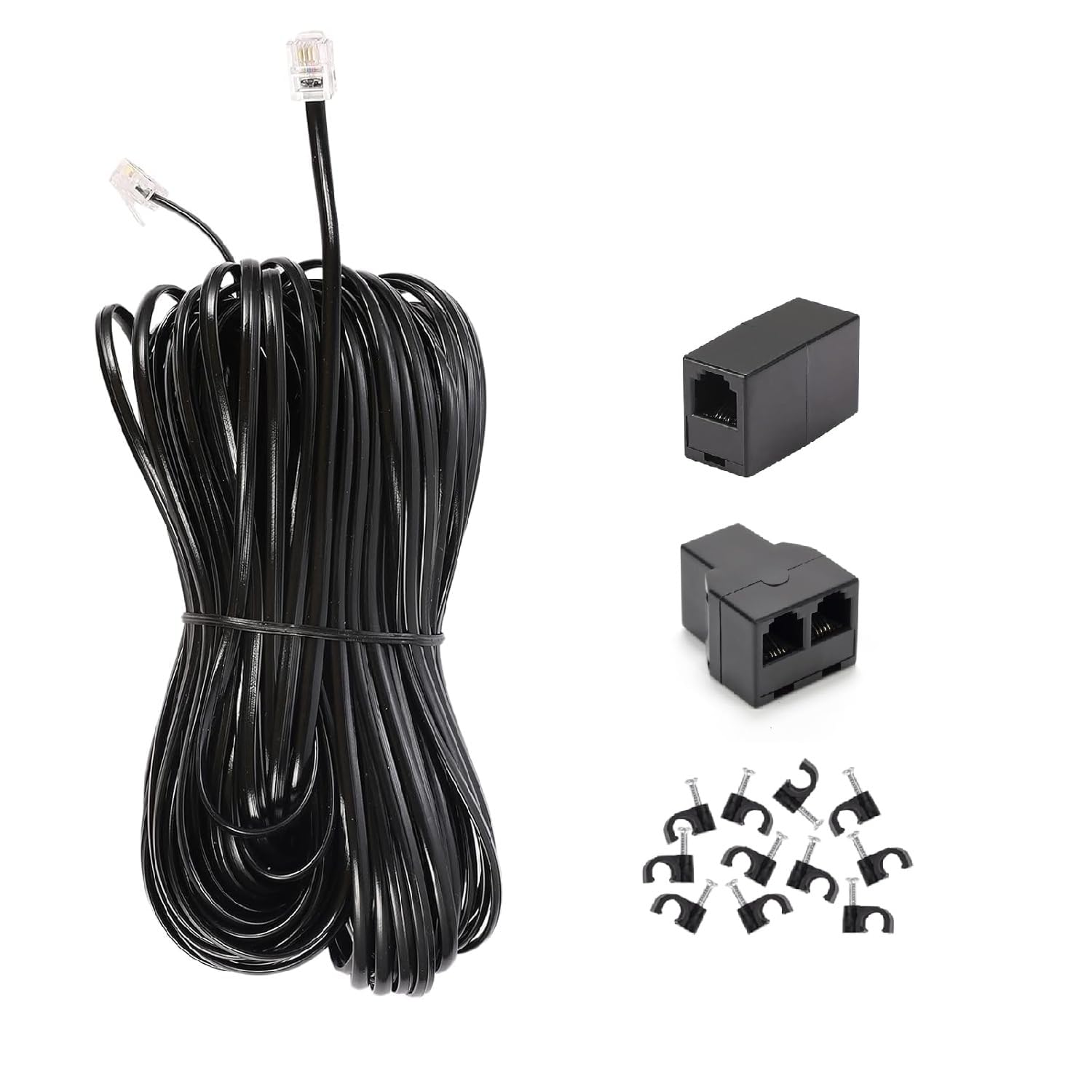 Cable de extensión de teléfono largo de 100 pies, negro, cable de línea de cable de teléfono con enchufe RJ11 estándar, 1 divisor de línea telefónica, 1 acoplador en línea y 65 soportes de clip de