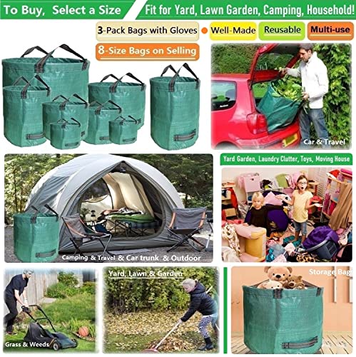 Standard 3-Pack 16 Gallons Home Garden Bags (D18, H15 Inches) With Coated Gardening Gloves,Leaf Waste Bags,Patio Bag,Reusable Trash Can,Lawn Yard Waste Bags,Laundry Container With 4 Handles #TOP1