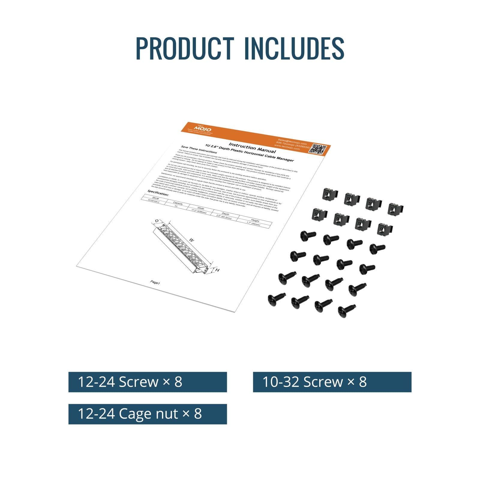 Tecmojo Paquete de 2 estantes de servidor de 1U para gestión horizontal de cables con cubierta, organizador de cables de plástico de 2.6 pulgadas de profundidad, montaje en rack de 12 ranuras