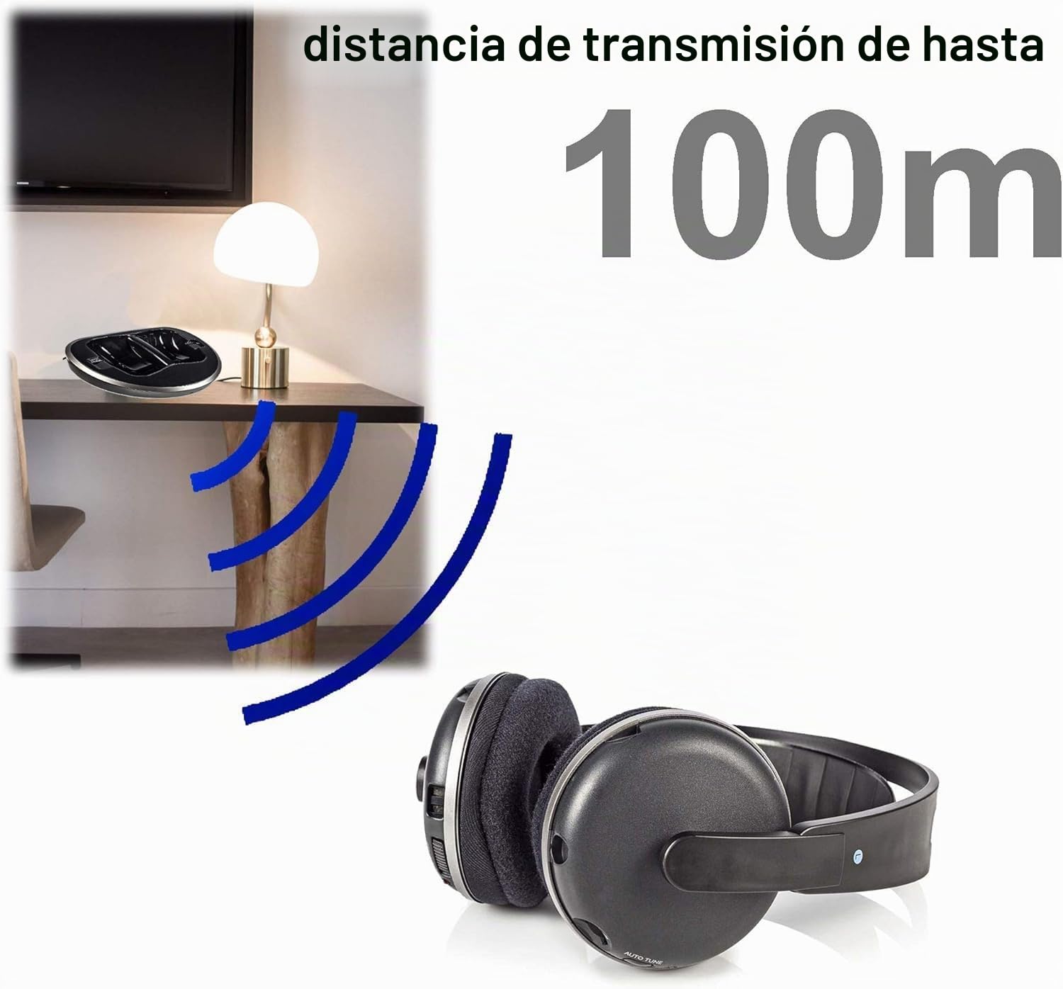 NEDIS Wireless TV Headphones | RF | Over-Ear | Maximum Battery Play Time: 11 hrs | 100 m | Digital Audio | Charging Dock | Black/Silver
