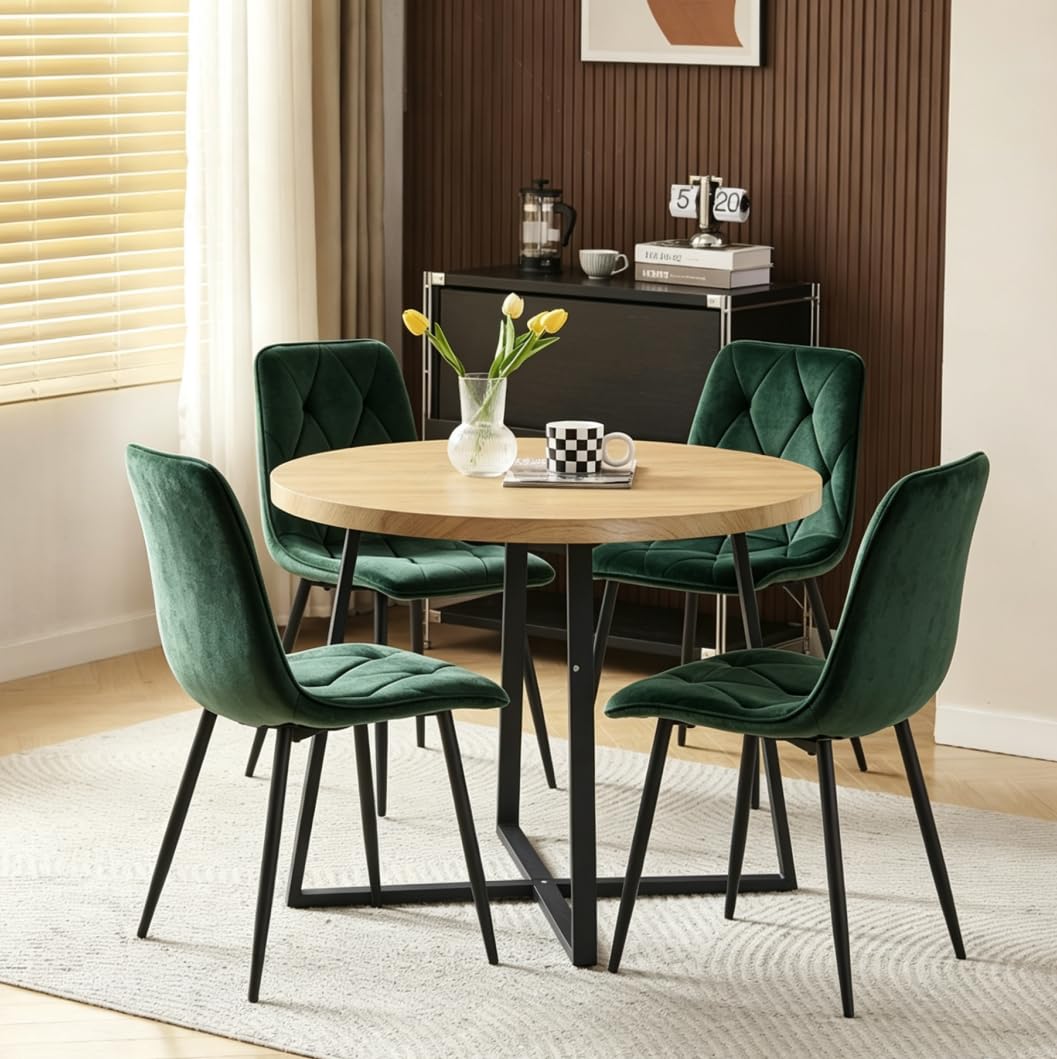 Menaka Round Dining Table and Chairs Set of 4 for Kitchen Diner, 5 Pieces Oak Wood Table with 4 Chairs for Compact Dinette Restaurant (4 argyle grid green velvet chairs, 95cm Oak Table)