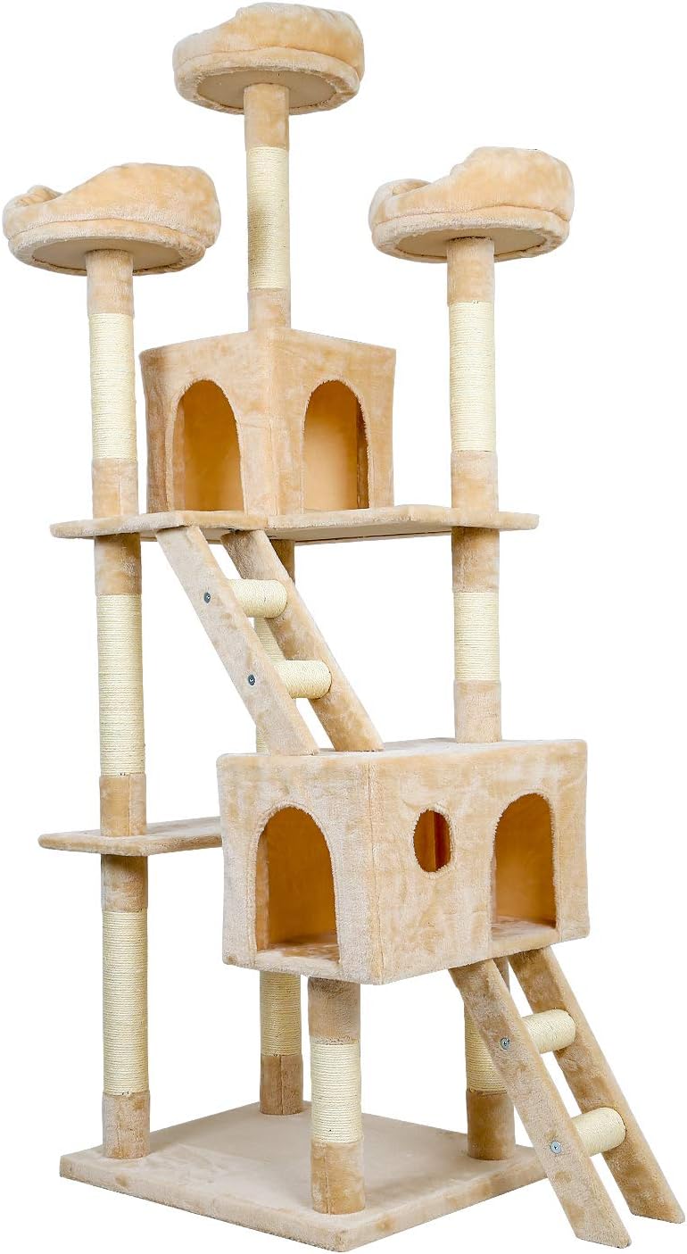 Mondeer Cat Tree Cat Scratching Post Cat Tall Tower,Stable Cat Palace with Two Cat Cave,Three Platforms and Two Climbing Ladders (Beige)