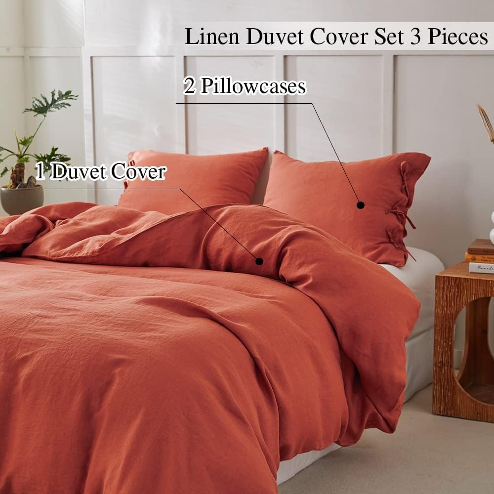 Simple&Opulence 100% Linen Duvet Cover Set 3pcs with Bowknot Ties Closure Natural French Washed Flax Solid Color Soft Breathable Farmhouse Bedding - Brick Red, King Size