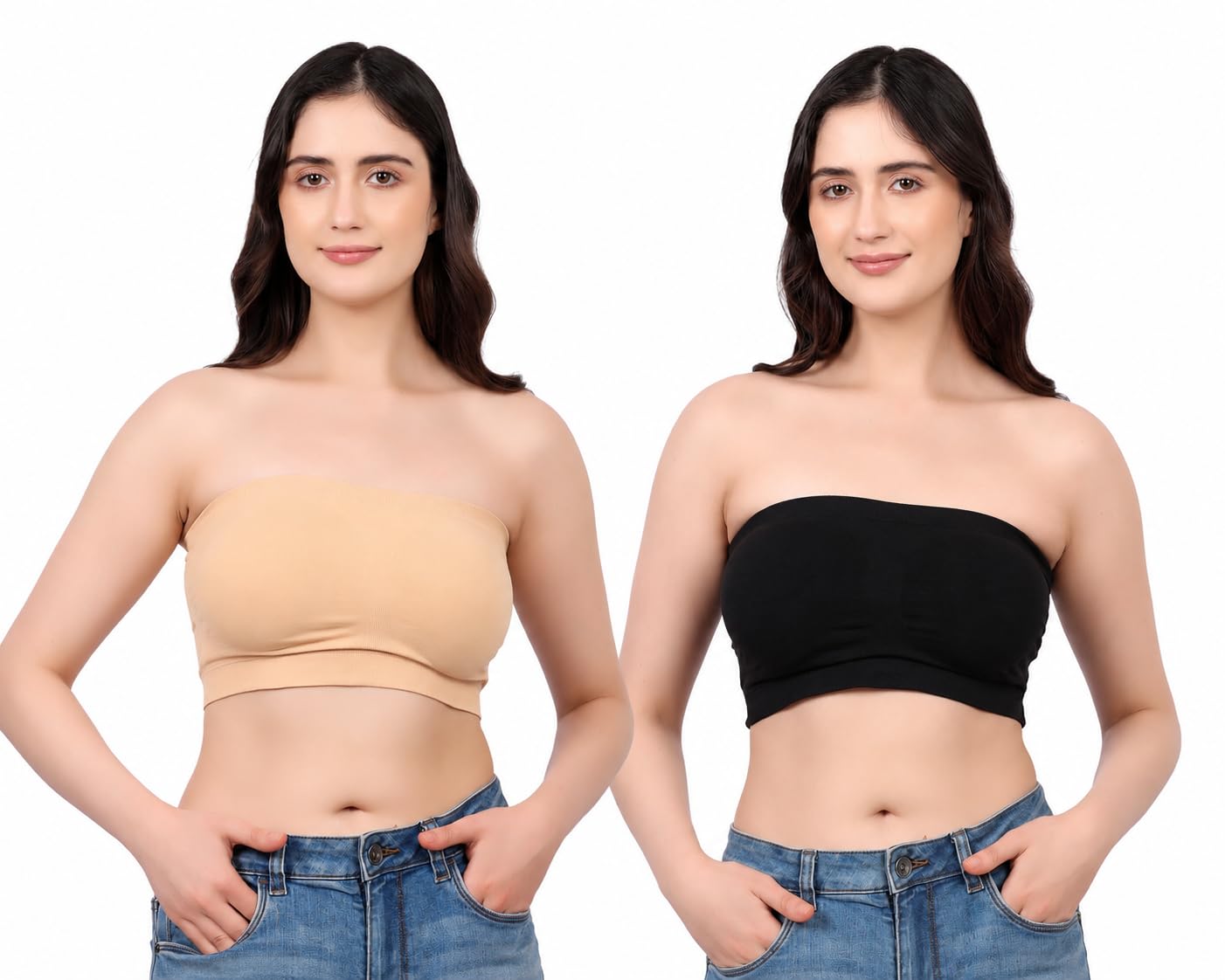 Women's Tube Bra | Strapless Seamless Stretch Bra | Removable Pads | Soft Wirefree Everyday Innerwear | Black & Beige | Multiple Sizes | Pack Options-picture-11