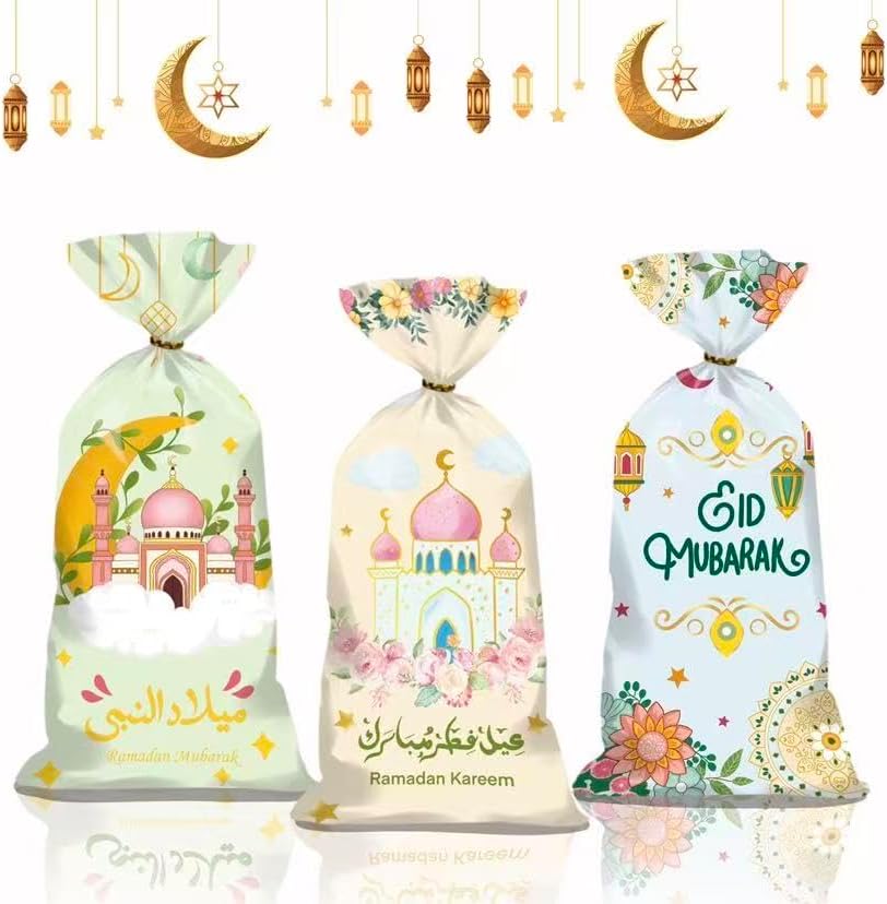 50 Pcs Eid Mubarak Candy Cookie Bags with Twist Ties, Ramadan Gift Treat Bags Package, Muslim Castle Moon Star Favor Bags for Islamic Party Supplies (SYTLE B)