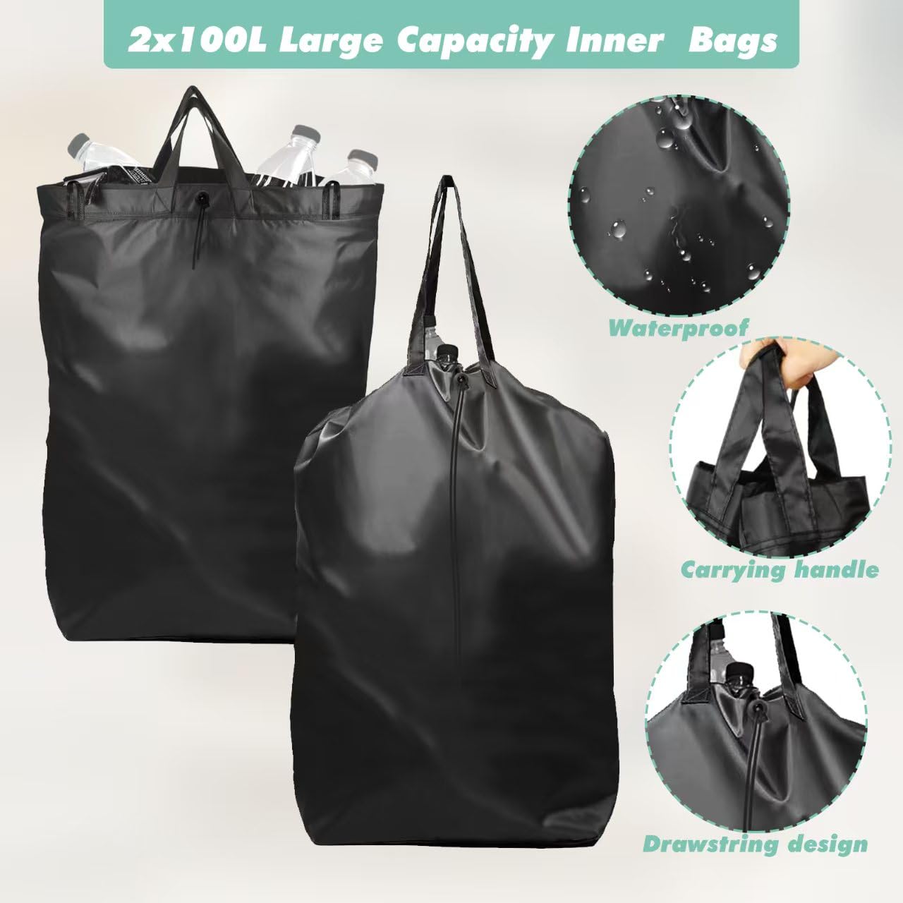 141L Collecteur de Bouteilles avec Couvercle, Poubelle Recyclage Perforé avec 2 Compartiments et 2 Sacs de Transport, Pliable, pour Trier Bouteilles Vides, Verre, Noir