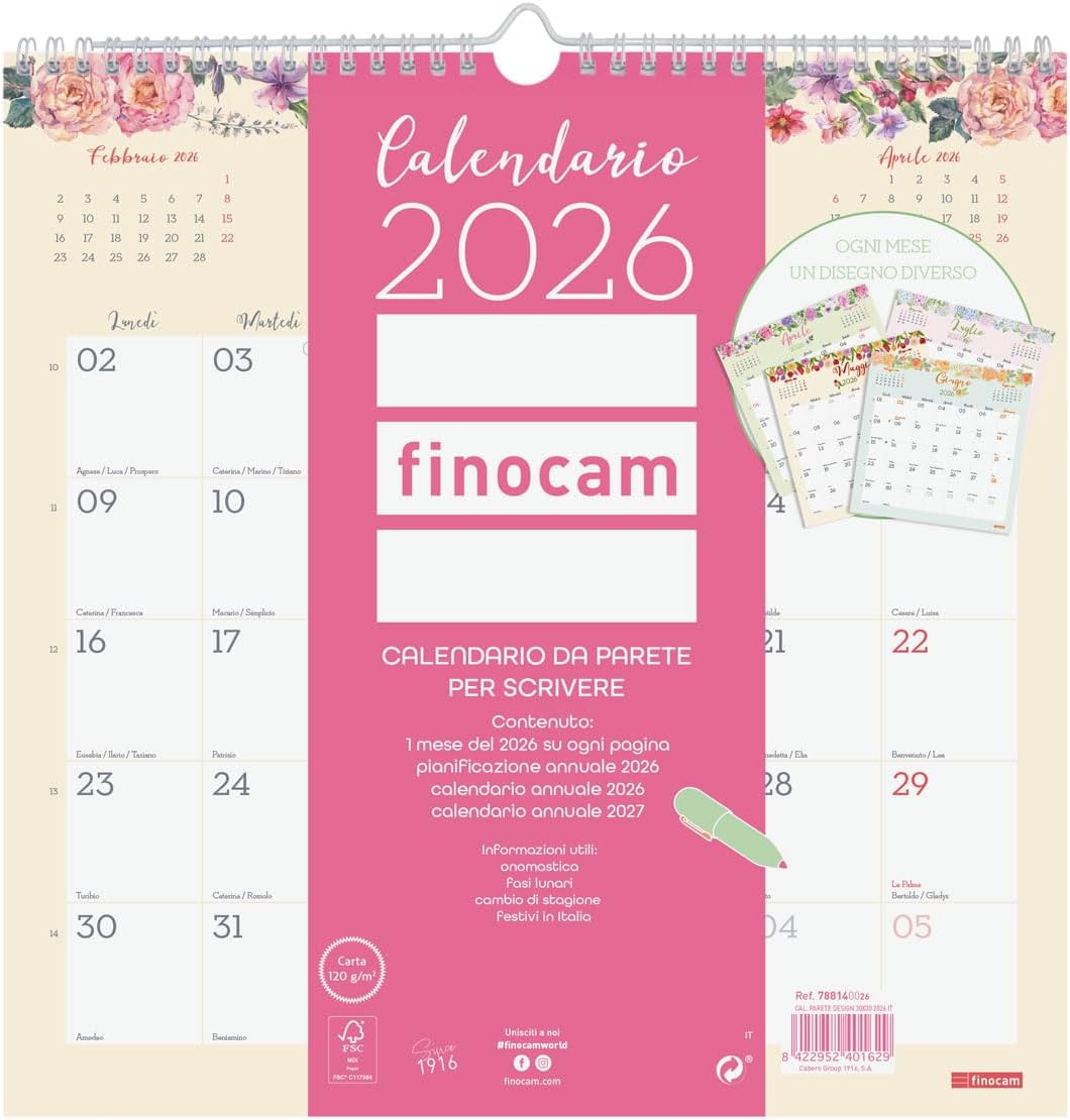 Finocam - Wall Calendar 2026 Monthly Layout January - December 2026 12 Months | Calendar 2026 for Notes | Monthly Planner Design - Italian, Wall Writing, 30 x 30-300 x 300 mm
