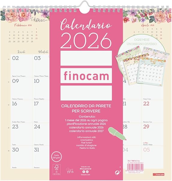 Finocam - Calendrier mural 2026 Disposition mensuelle Janvier - Décembre 2026 12 mois | Calendrier 2026 pour les annotations | Planner Design mensuel - Italien, Mur écrire, 30x30-300x300 mm
