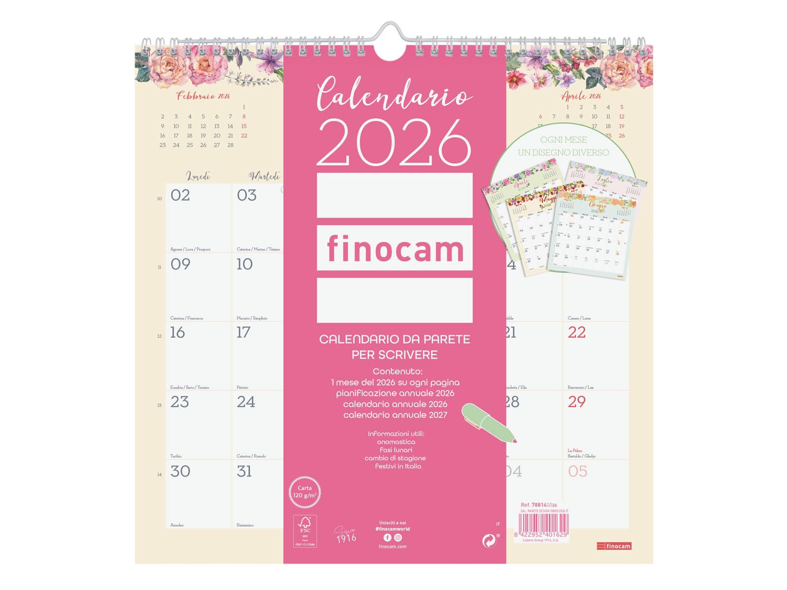 Finocam - Wall Calendar 2026 Monthly Layout January - December 2026 12 Months | Calendar 2026 for Annotations | Monthly Planner Design - Italian, Wall Write, 30 x 30-300 x 300 mm