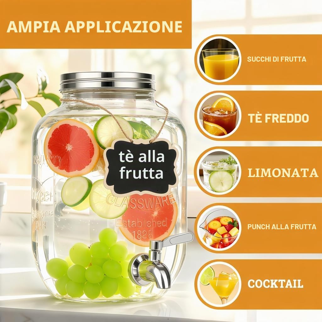 2 dispenser per bevande in vetro da 4 l, con supporto, dispenser per bevande in vetro, con rubinetto per succhi di frutta ghiacciati, acqua, bevande fatte in casa, feste, matrimoni