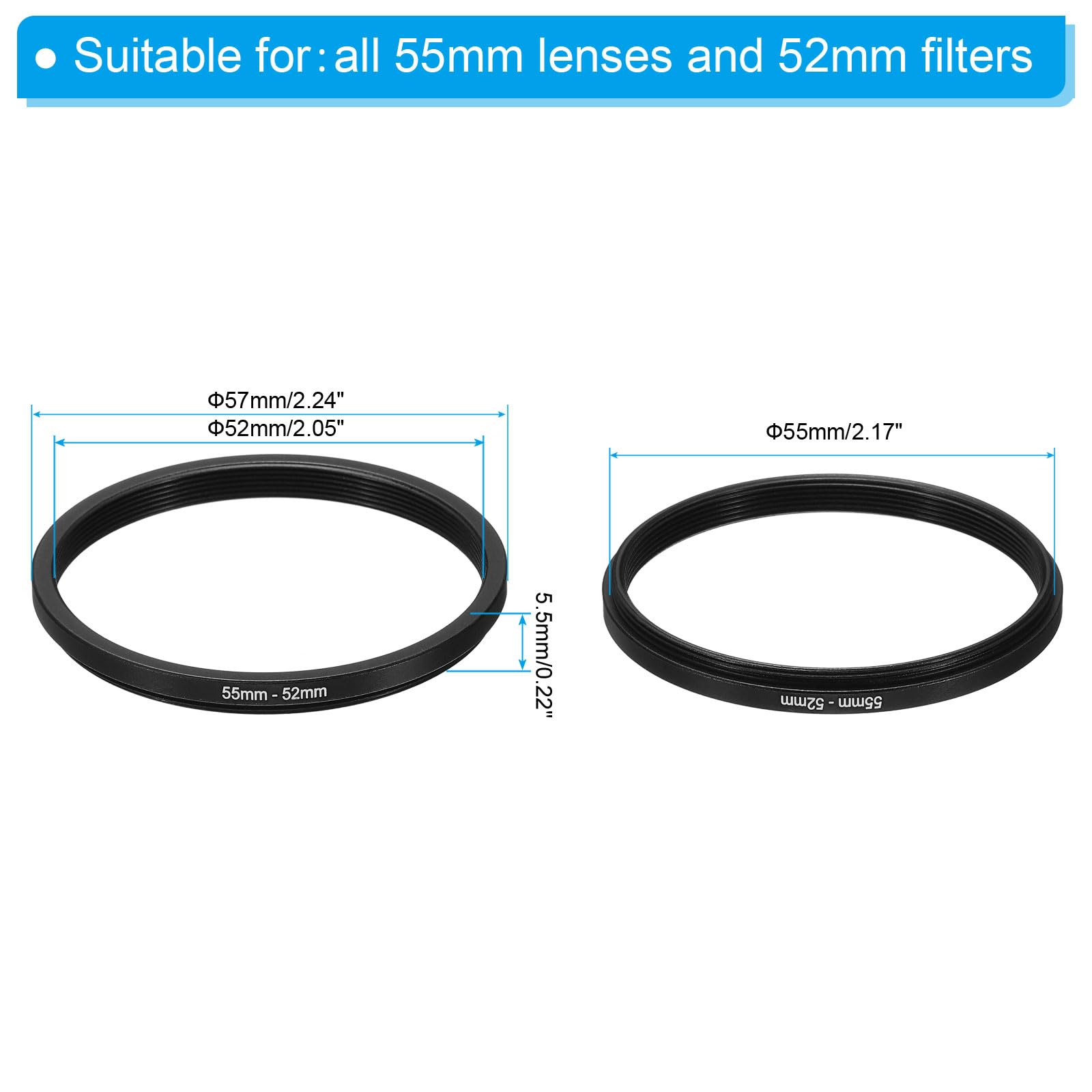 PATIKIL 55mm-52mm Metal Step Down Ring, Camera Lens Filter Adapter Ring Aluminum Filter Adapter Ring for Camera Lenses Hood, Black
