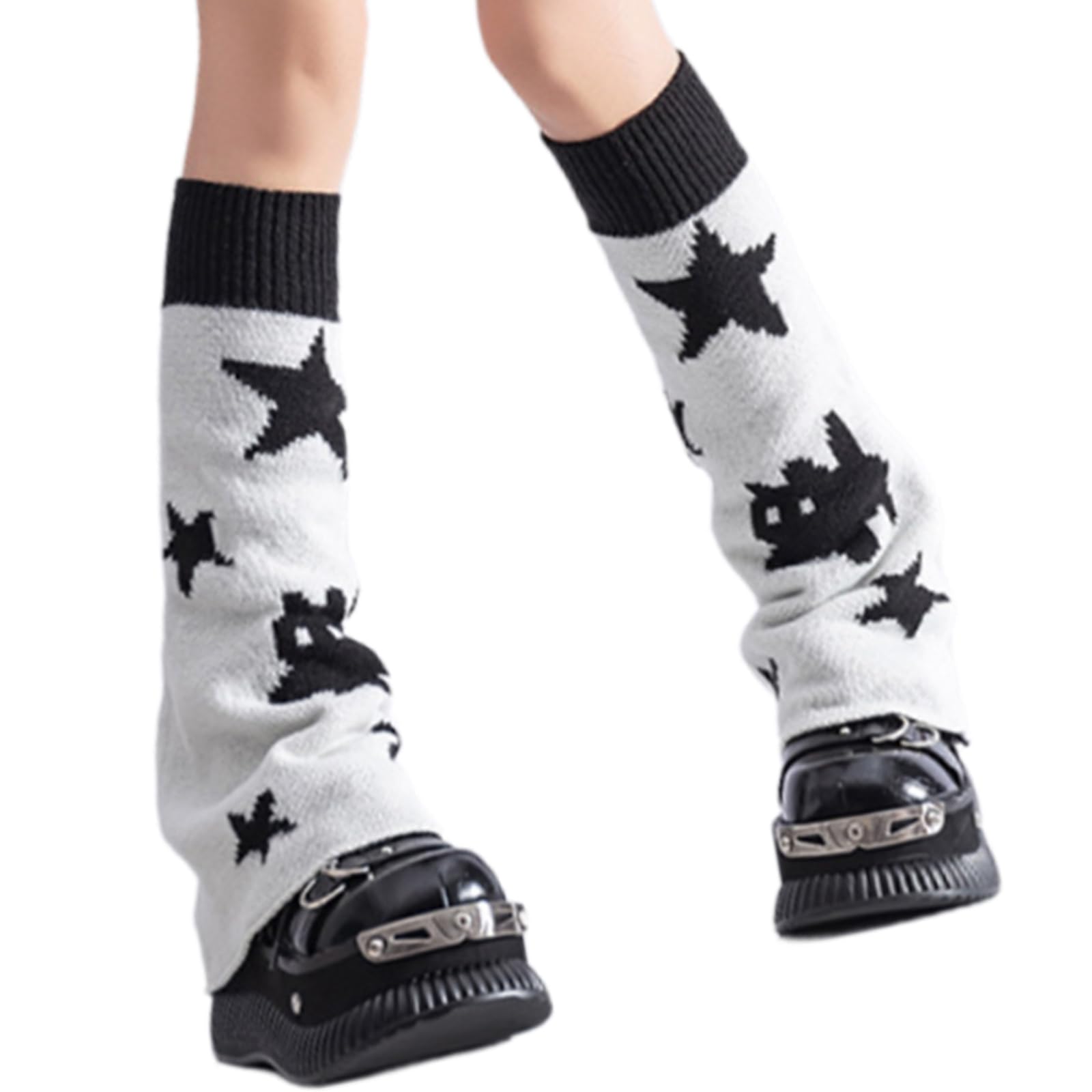 Maxtonser Double Sided Wearable Cats Pattern Long Leg Sleeves for Women Punk Knitted Flared Leg Warmer Covers Baggy Footless Socks