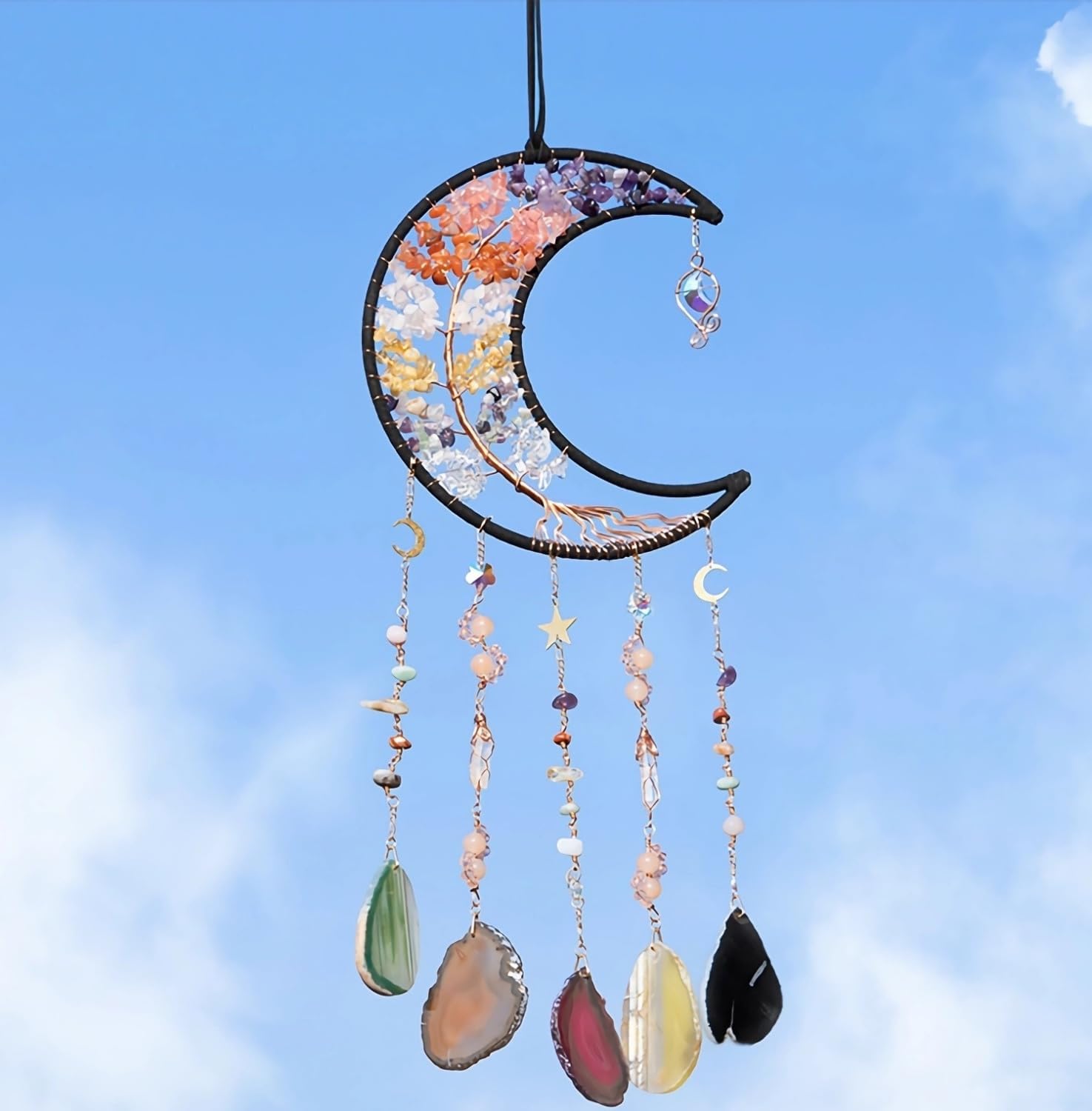 Dream Catchers Craft Ornament with Crystal Agate Color Natural Gem Agate Moon Wall Hangings Room Garden Xmas Wedding Decor (Night Wind and Moon Agate Tree)