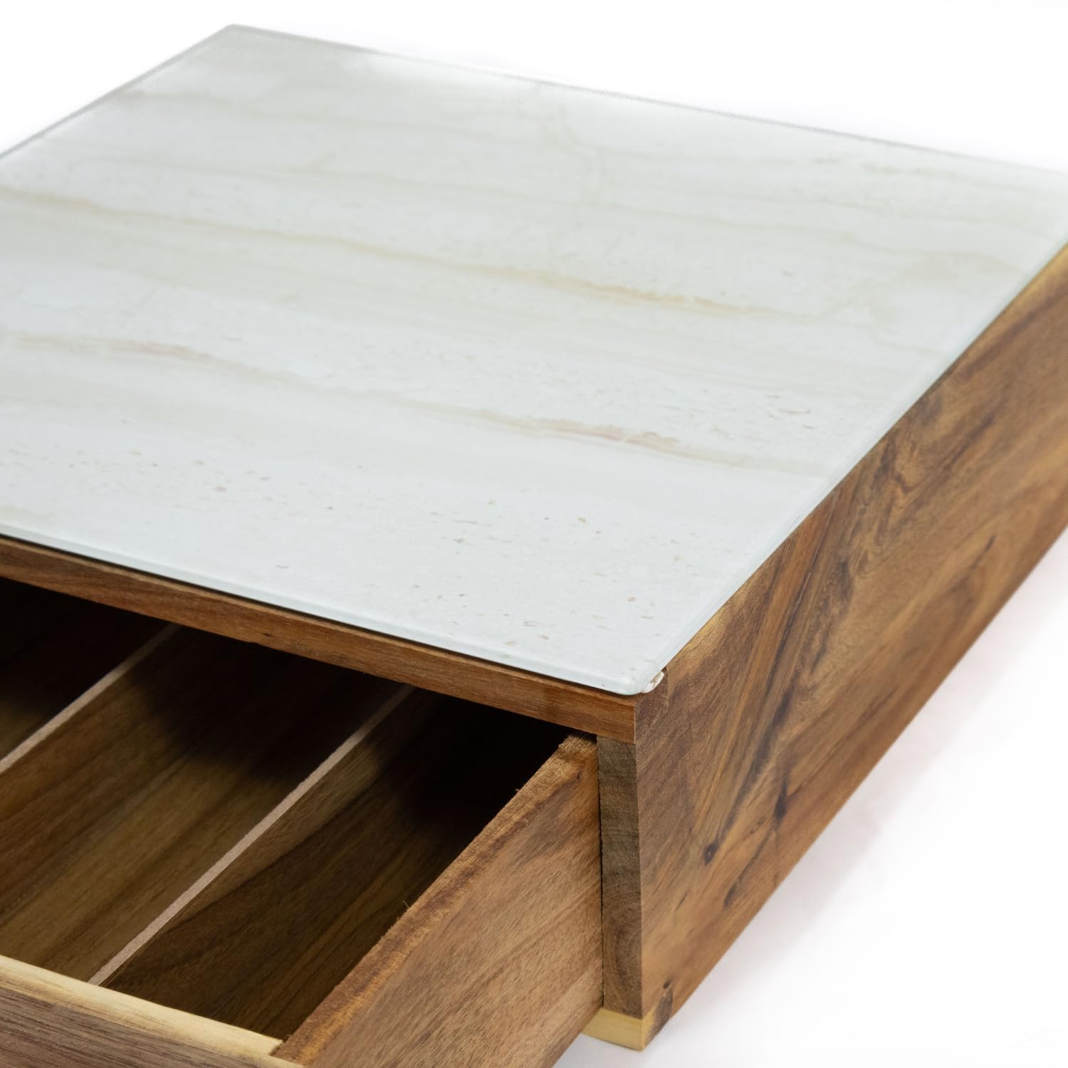 Portacapsule Bambù con Cassetto Ripiano Vetro Effetto Marmo Chiaro Scomparti Caffè Organizzatore 56 Capsule Capacità Contenitore Cialde Tisana Tè Bustine Zucchero Bicchierini 30 x 30 x 9,7 cm