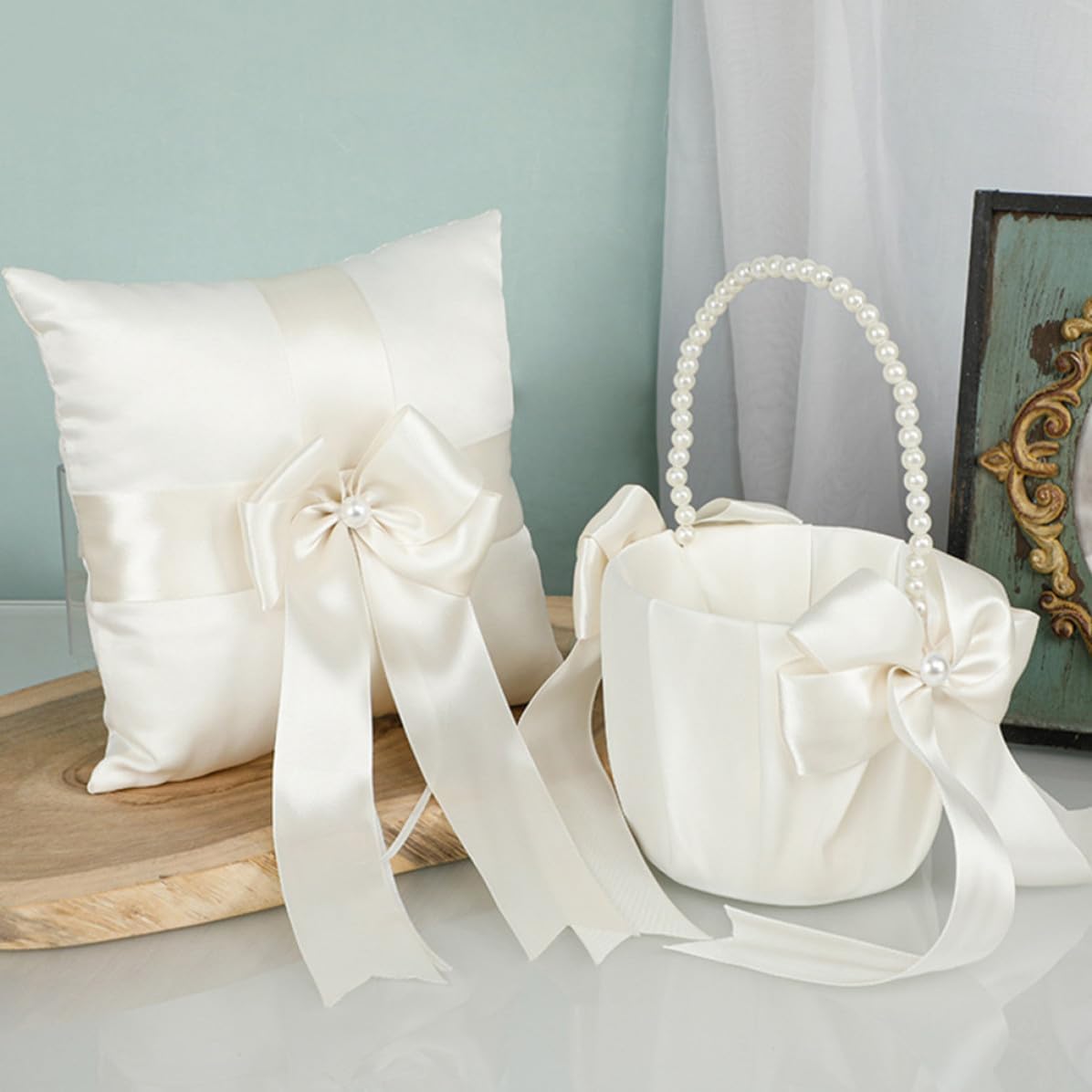 Wedding Ring Pillow and Flower Girl Basket Set in White Lace and Pearl Embellishments, Embellish and Hold Rings for Wedding and Engagement Ceremonies with Delicate Romantic Style