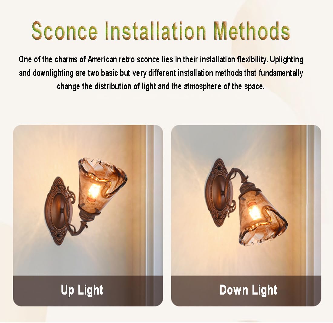Uosooty Antique Bronze Wall Lamps Vintage Glass Wall Mount Light 1-Light Vintage Bathroom Vanity Light E26 Base Mid Century Wall Sconce for Bathroom Mirror Living Room Bedroom Kitchen