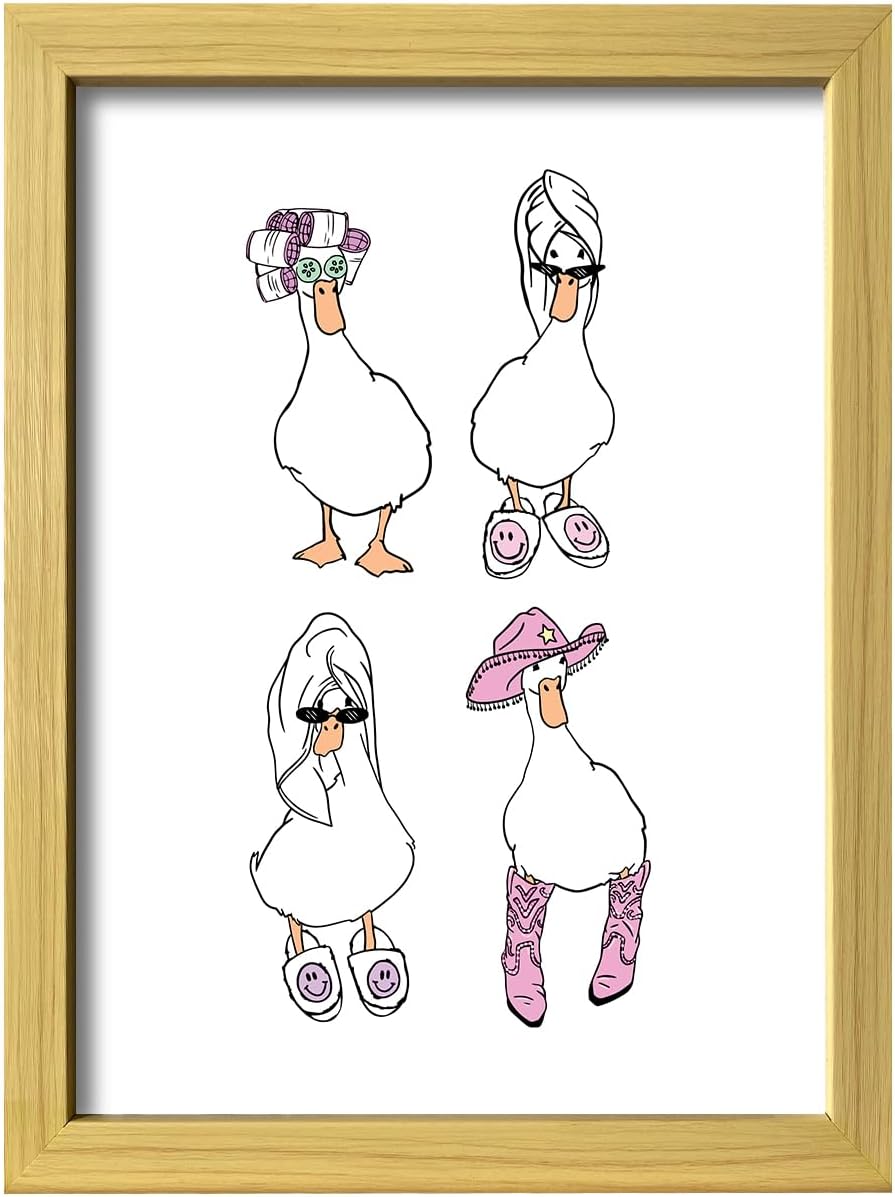 Framed Cute Girly Bathroom Wall Art Funny Ducks Towel Cowboy and Curlers Canvas Print Framed White and Pink Trendy Wall Decor
