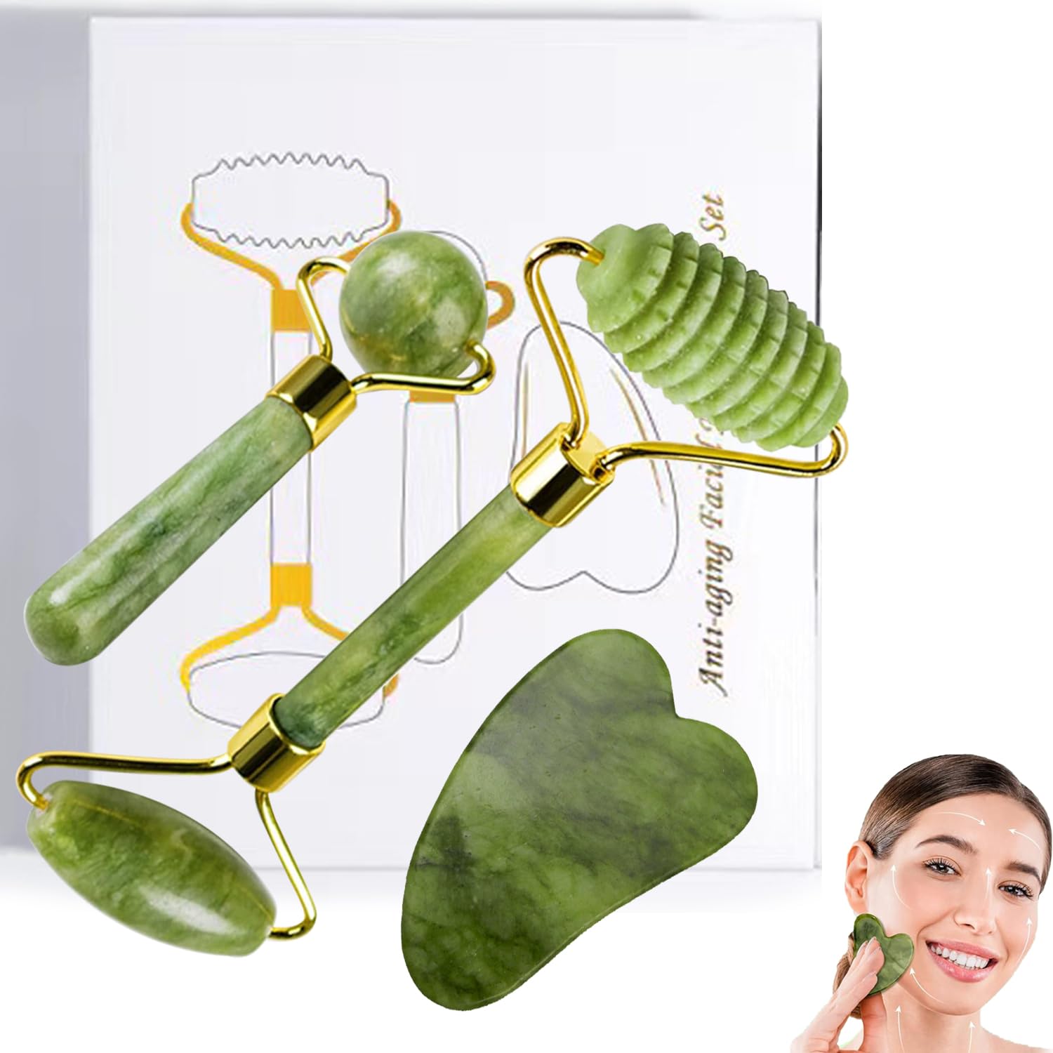 Masajeador de Jade, 3 Piezas Rodillo Facial de Piedra de Jade y Gua Sha Set, para Masajeador Facial Antienvejecimiento. Incluye Tablero Gua Sha y Rodillo Estriado, Perfecto para Belleza de Cuello y Cara, Cuidado de la Piel