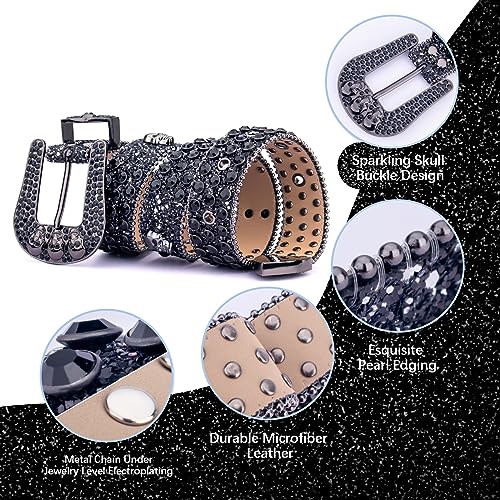 Rhinestones Belt for Men Women, Skulls Belts Western Leather Sparkle Shining Diamond Studded Belts2