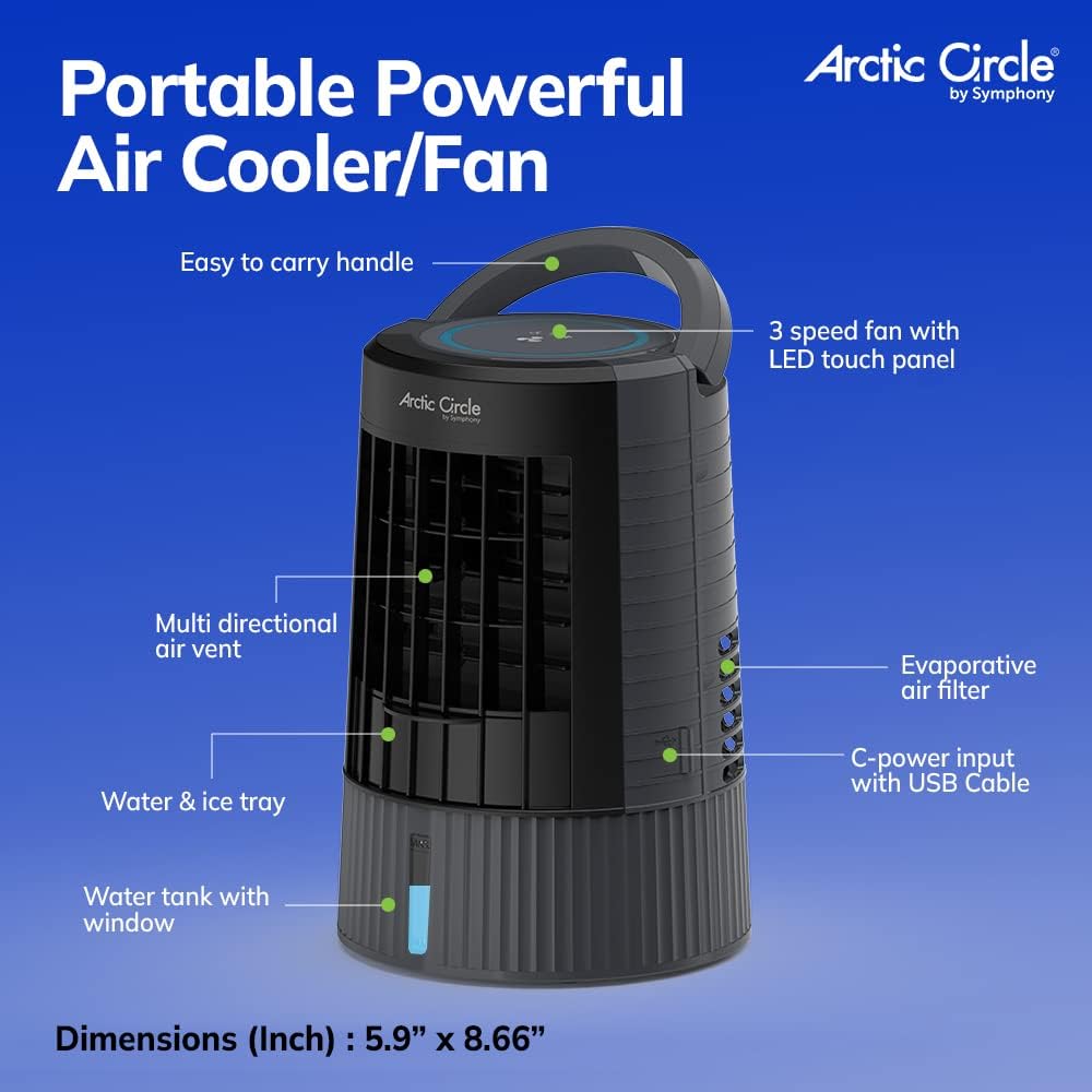 Symphony Mini Evaporative Air Cooler for Bedroom, Office, Camping, RV with 3 Speed, LED Touch Panel, USB Portable Air Cooling Fan, Grey