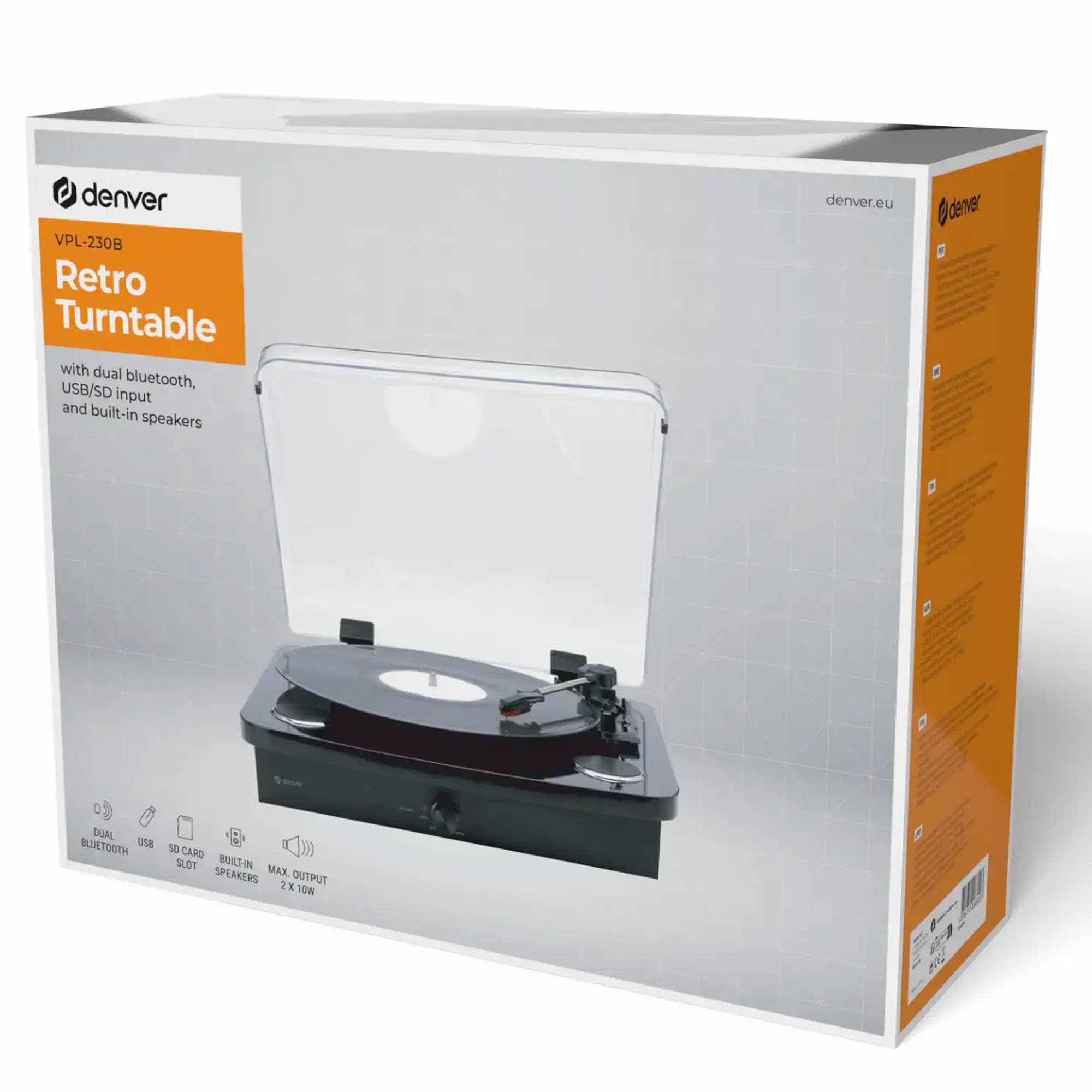 Denver VPL-230B Giradischi Bluetooth per Vinili con Casse Integrate, USB/SD, Registrazione MP3, Phono Out, 33/45/78 RPM, Nero