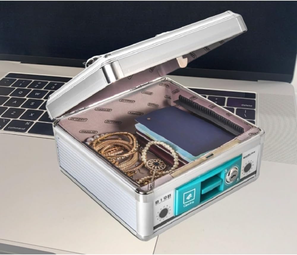 BlendUp施錠可能 二重ロック A4 多用途 仕切りトレー付き 保管ケース 会計 オフィス ミニ金庫 家庭用 多機能収納 アルミ