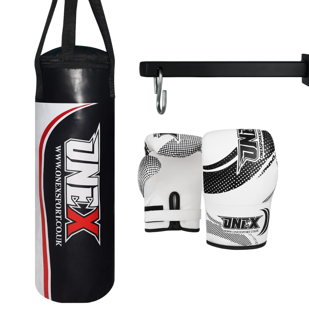 ONEX Kids Punch Bag Set – 40cm Hanging Boxing Bag with 2oz Gloves – Junior Training Kit (1.25FT) suitable for 3 to 4 years children MMA, Kickboxing, Karate & Home Fitness (Black With Wall Bracket)