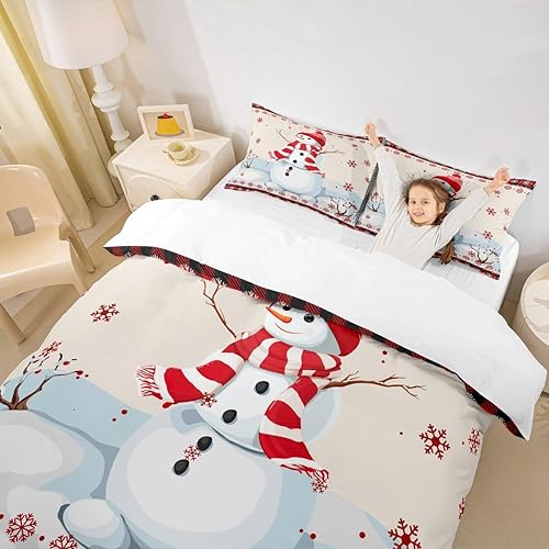Juego de funda de edredón de Navidad con diseño de muñeco de nieve para niños, tamaño Queen, ropa de cama romántica de copo de nieve, decoración de