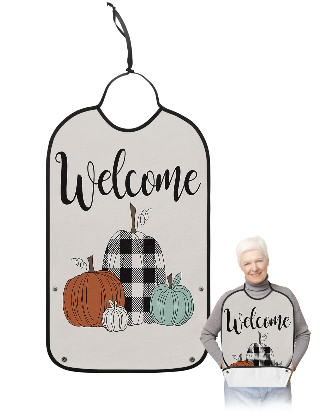 Welcome Fall Adult Bib for Eating with Crumb Catcher,Washable & Waterproof Terry Cloth Adjustable Elderly Women Men Adult Bibs Funny Clothing Protector Thanksgiving Plaid Pumpkins Farmhouse Décorer