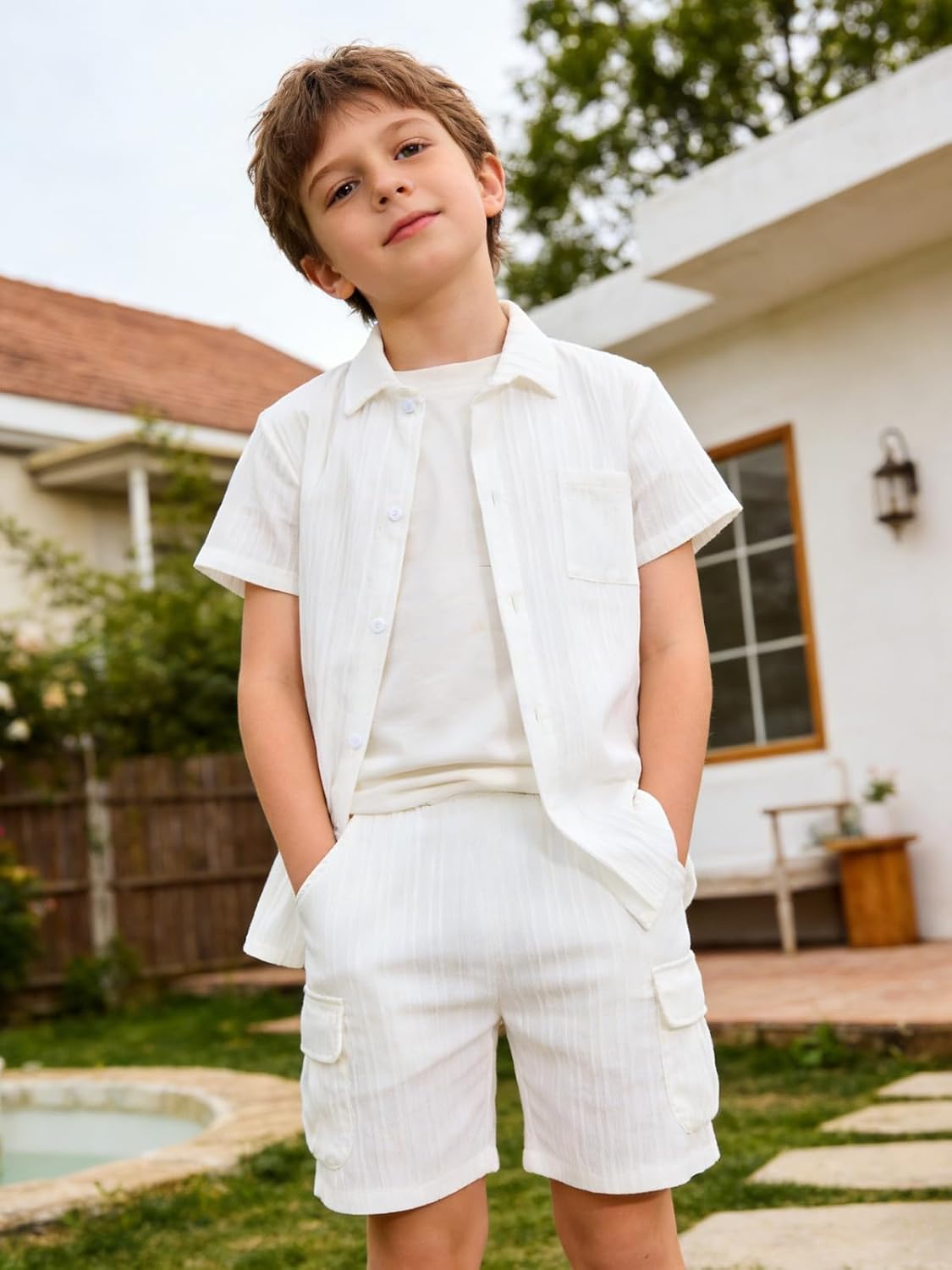 Boy's 2 Piece Outfits Summer Beach Textured Button Down Shirt Top and Cargo Shorts Clothing Set Size 7-14 Years