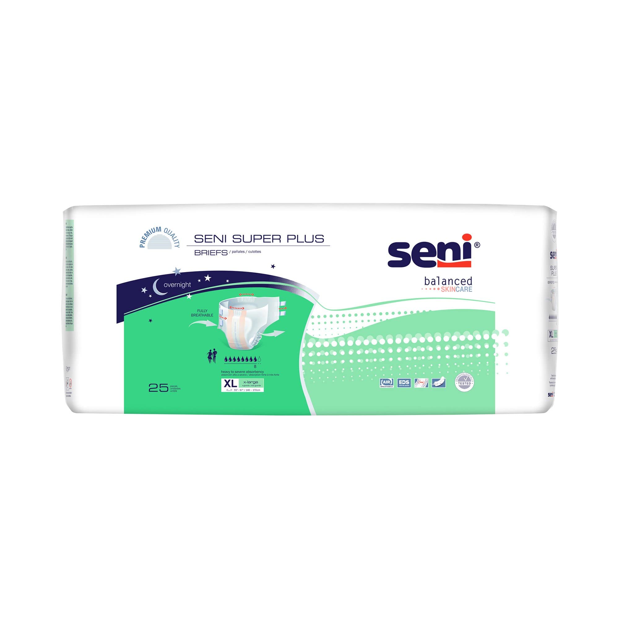 Seni Super Plus Unisex Adult Incontinence Briefs with tabs, Size XL (55"-67"), 25 Count (1 Pack of 25), Heavy to Severe Absorbency, Disposable Overnight Brief for Men & Women