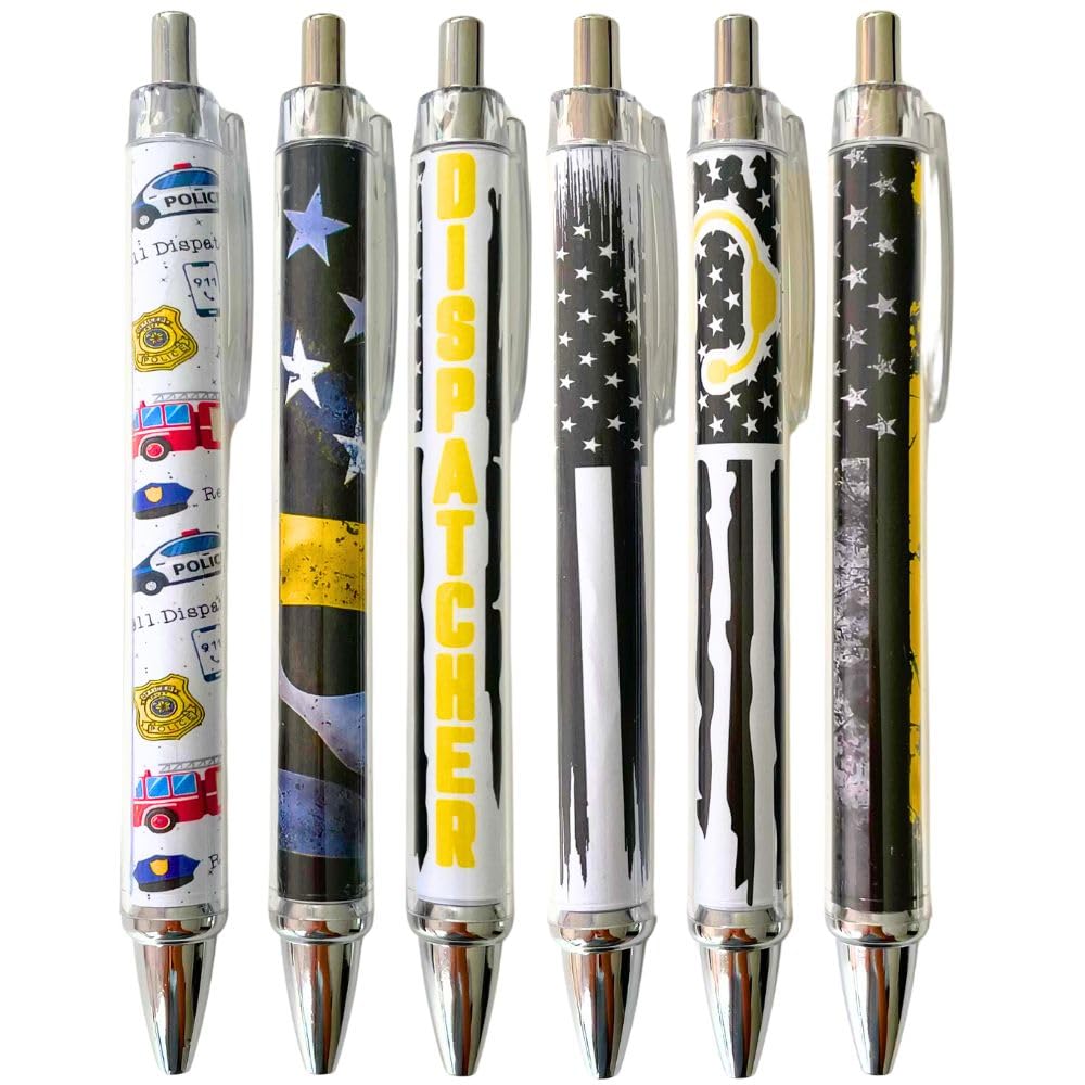 6PC 911 Dispatcher Pens Thin Gold Line Yellow Ballpoint Pen Black Ink First Responder Telecommunication Call Coworker Appreciation Week Gifts