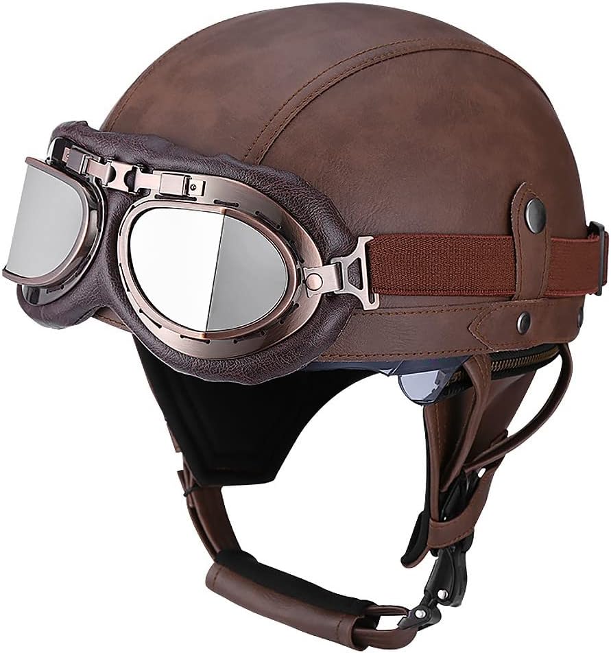 Motorcycle Vintage German Leather Half Face Helmet, DOT Approved Adult Men Women Retro Half Helmet, Open Face Helmet with Goggles and Visor, for Bicycle Cruiser Scooter, S~XL